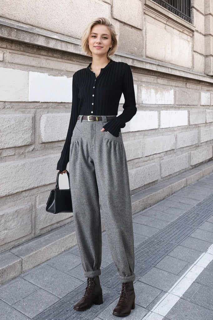Gray winter wool casual pants C4345