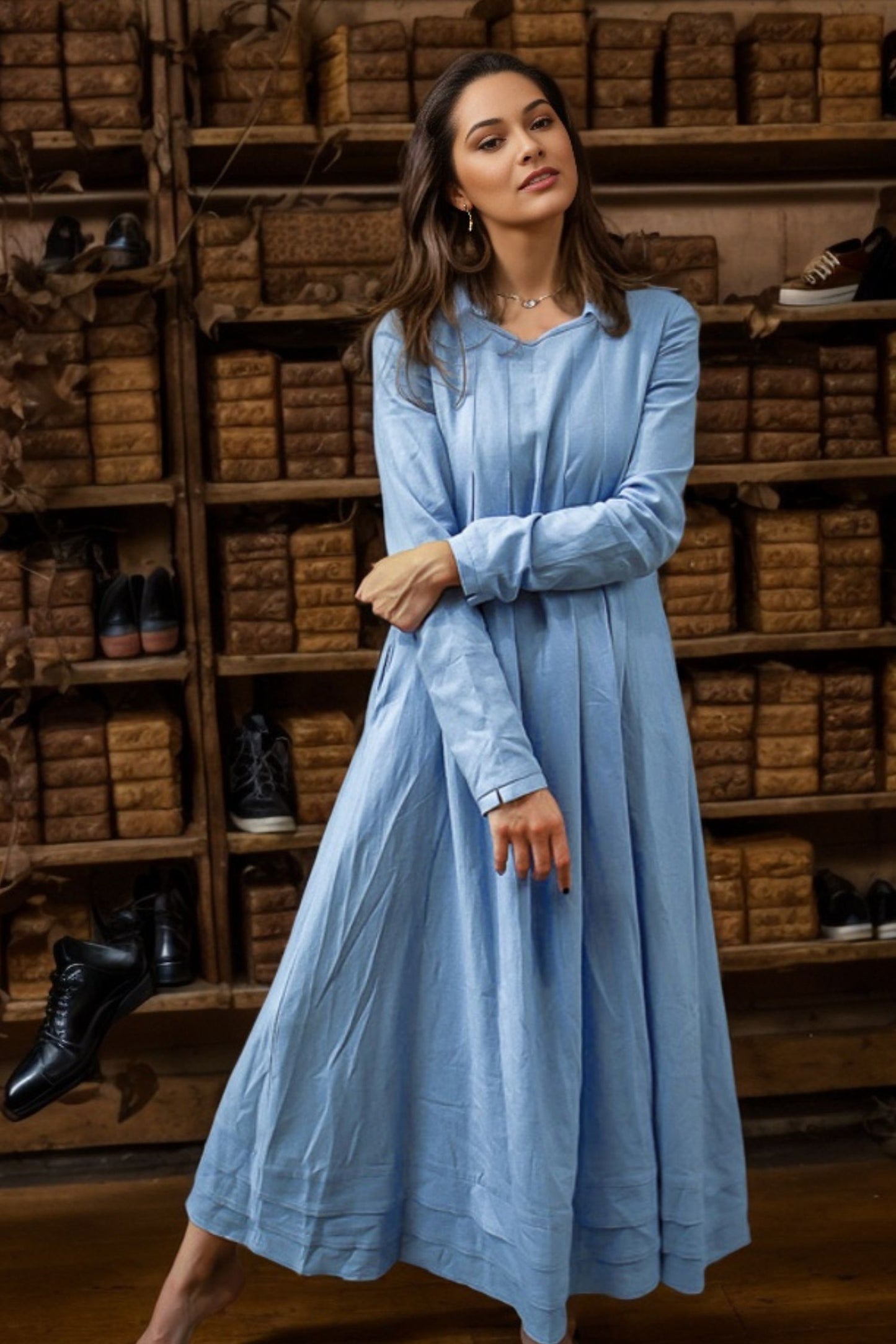 Blue Linen Dress - Semi-Fitted Long Midi Plus Size Long-Sleeved dress C4631
