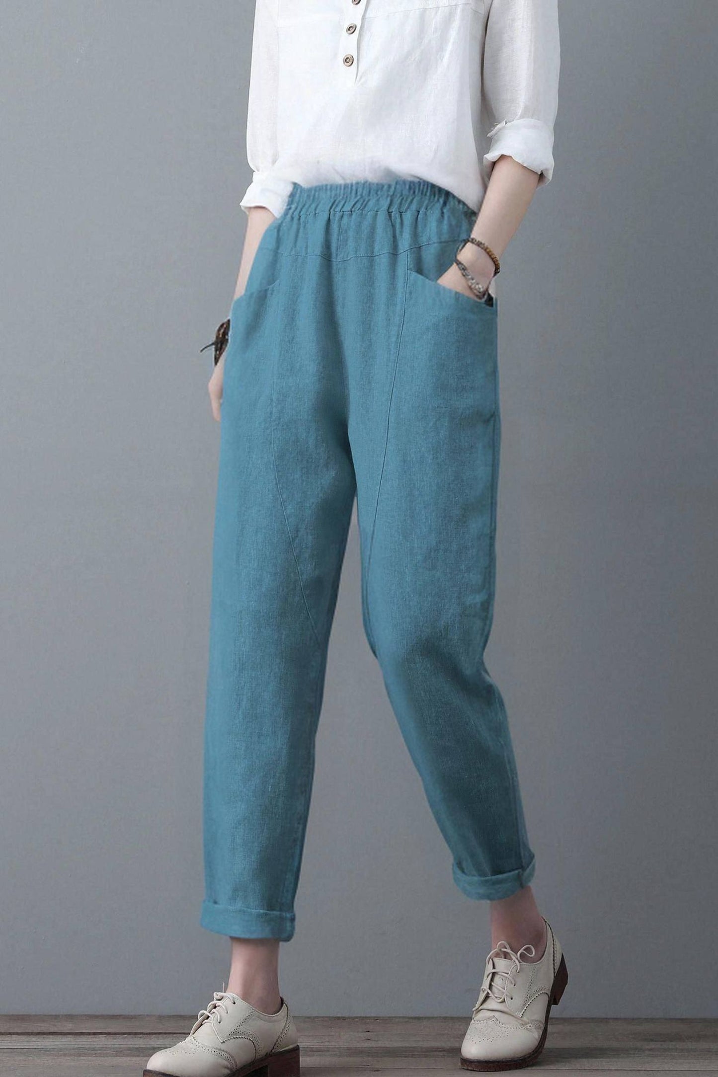 Casual Elastic Waist Cropped linen Pants C4305