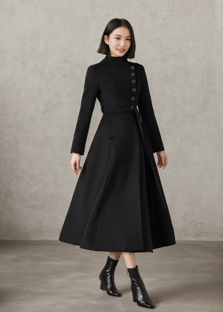 Winter Black button Long Wrap Wool Coat Women C4408