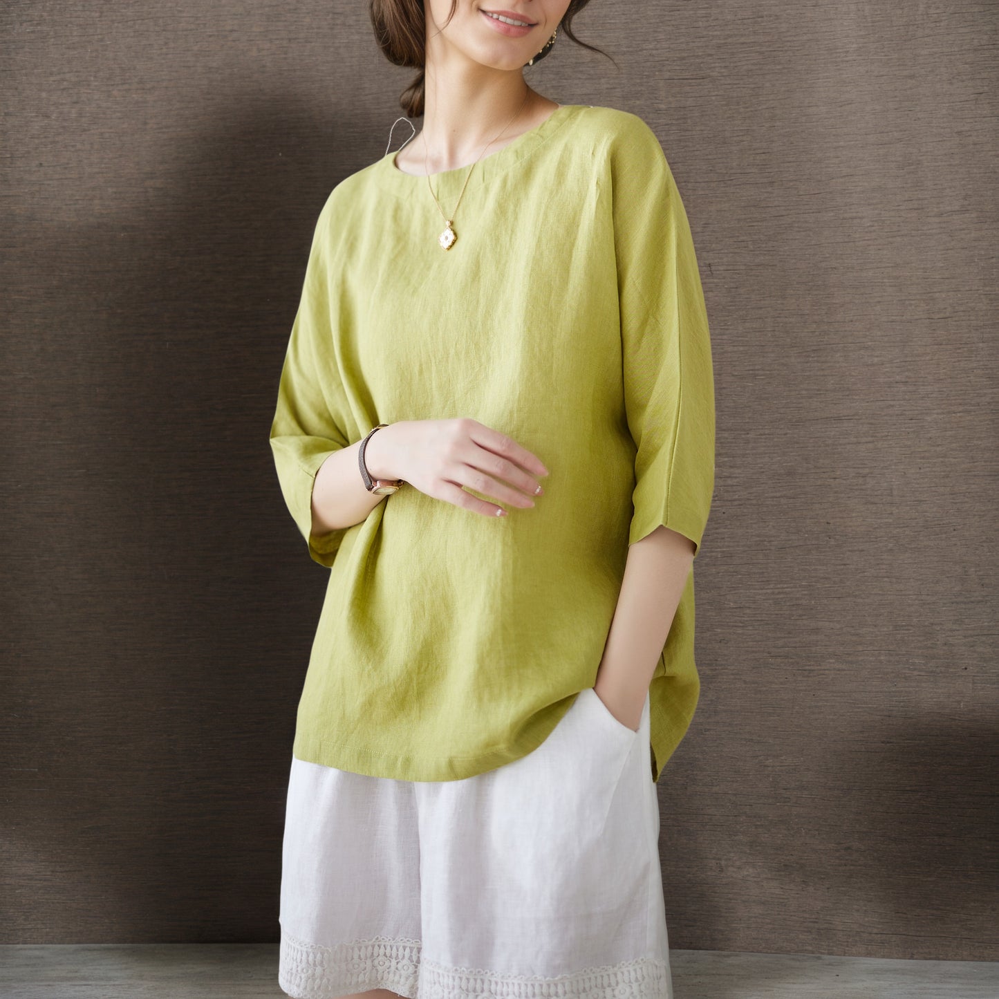 Green Half Sleeve Linen Tops C4855