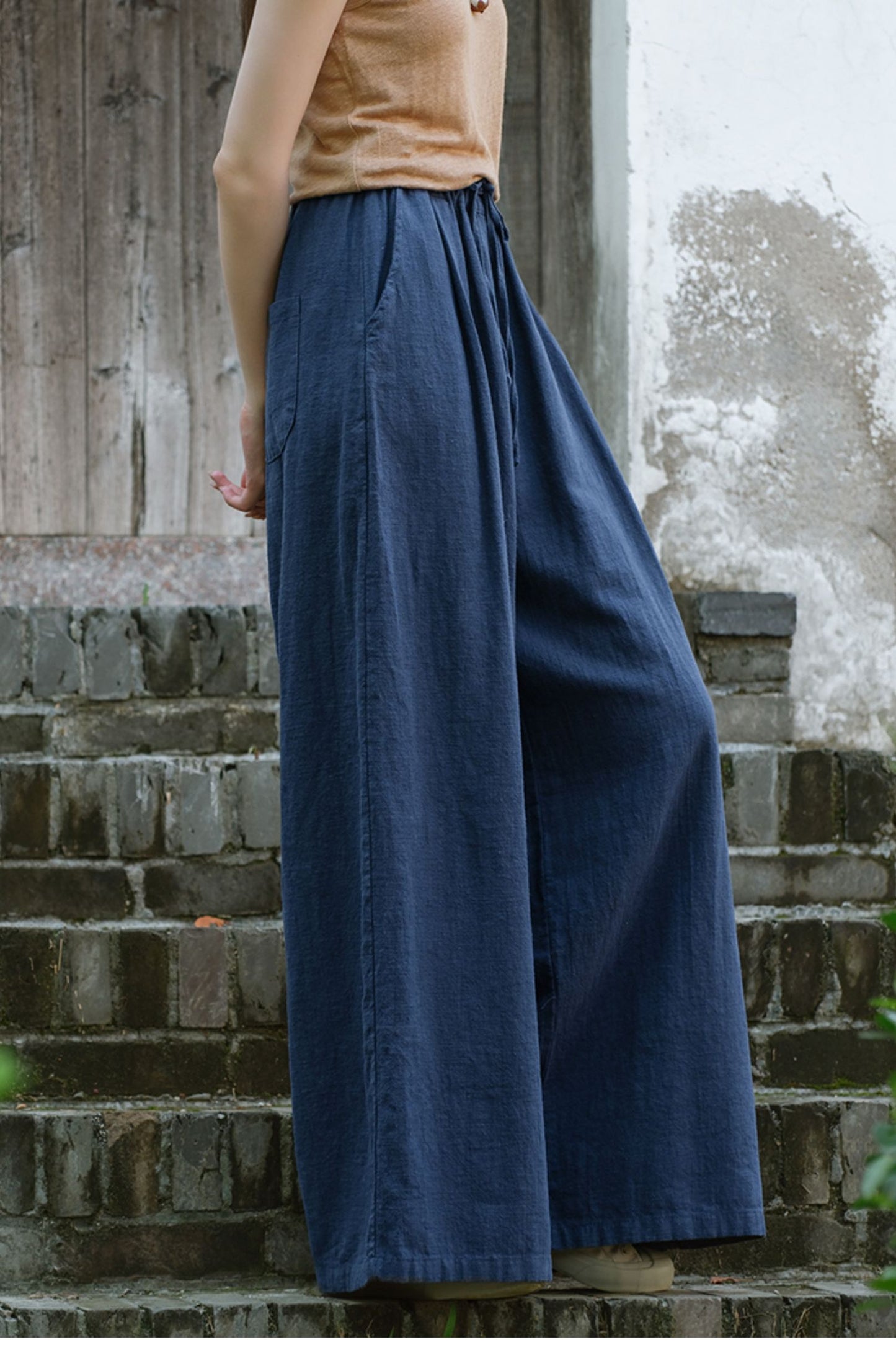 Elastic waist wide leg linen pants L0615