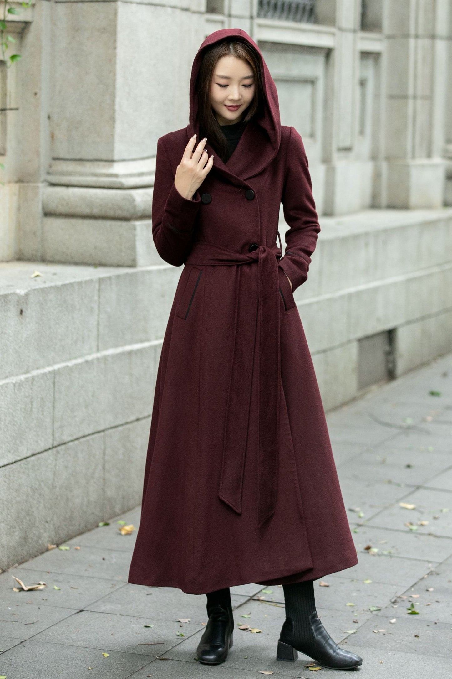 Hooded maxi winter trench wool coat C4506