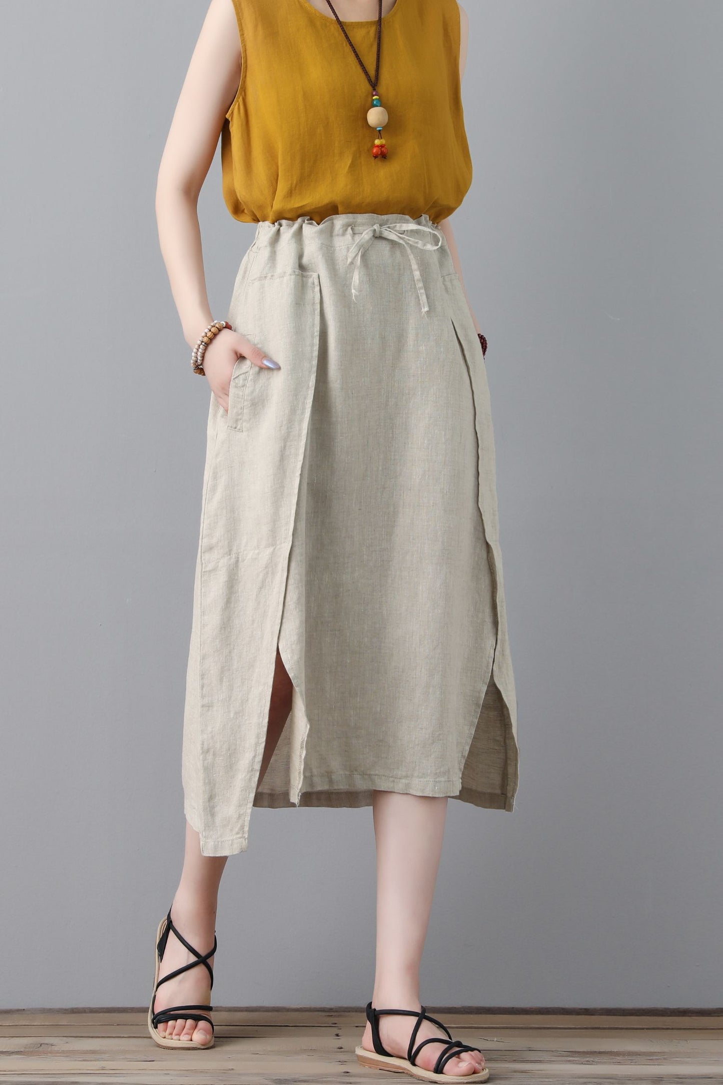 linen midi women summer natural A line skirt C2306