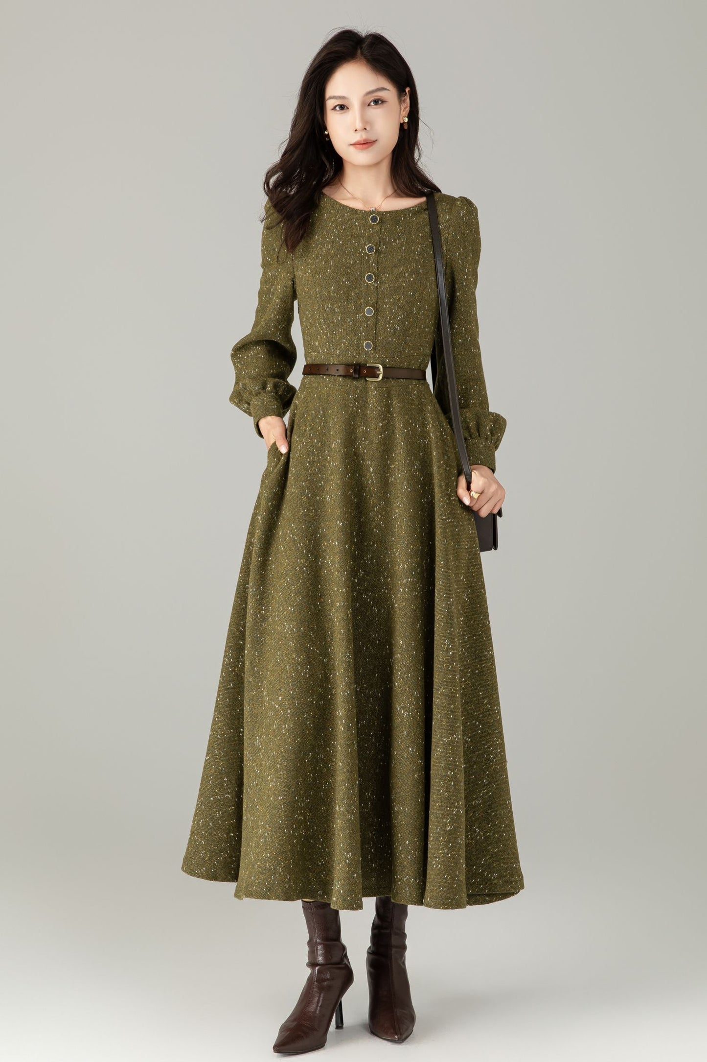 Olive Tweed Wool Maxi Dress — Vintage Button‑Front A‑Line with Pockets C5243
