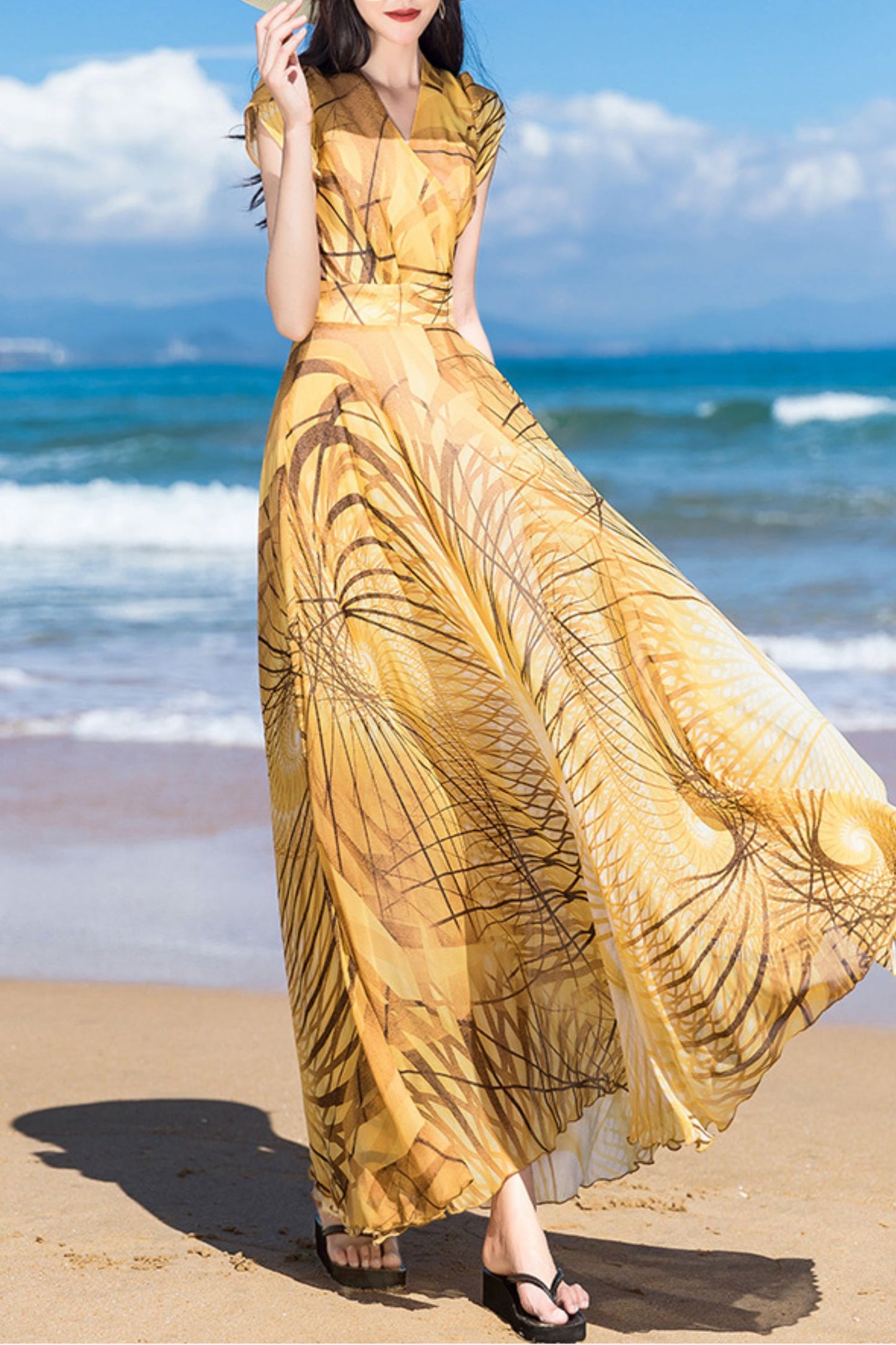 Yellow chiffon print dress C4093