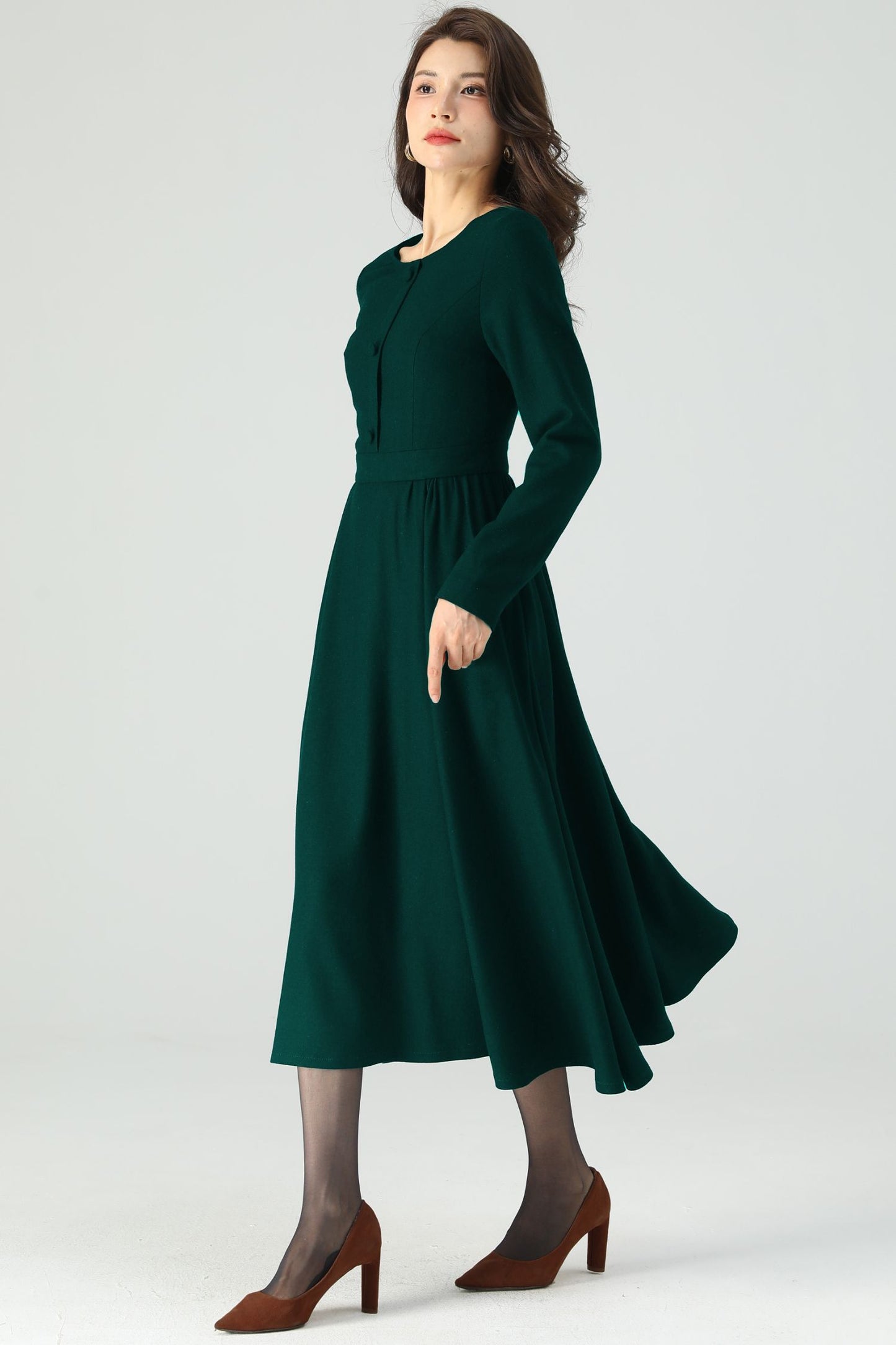 Dark Green Midi Wool Dress C4528
