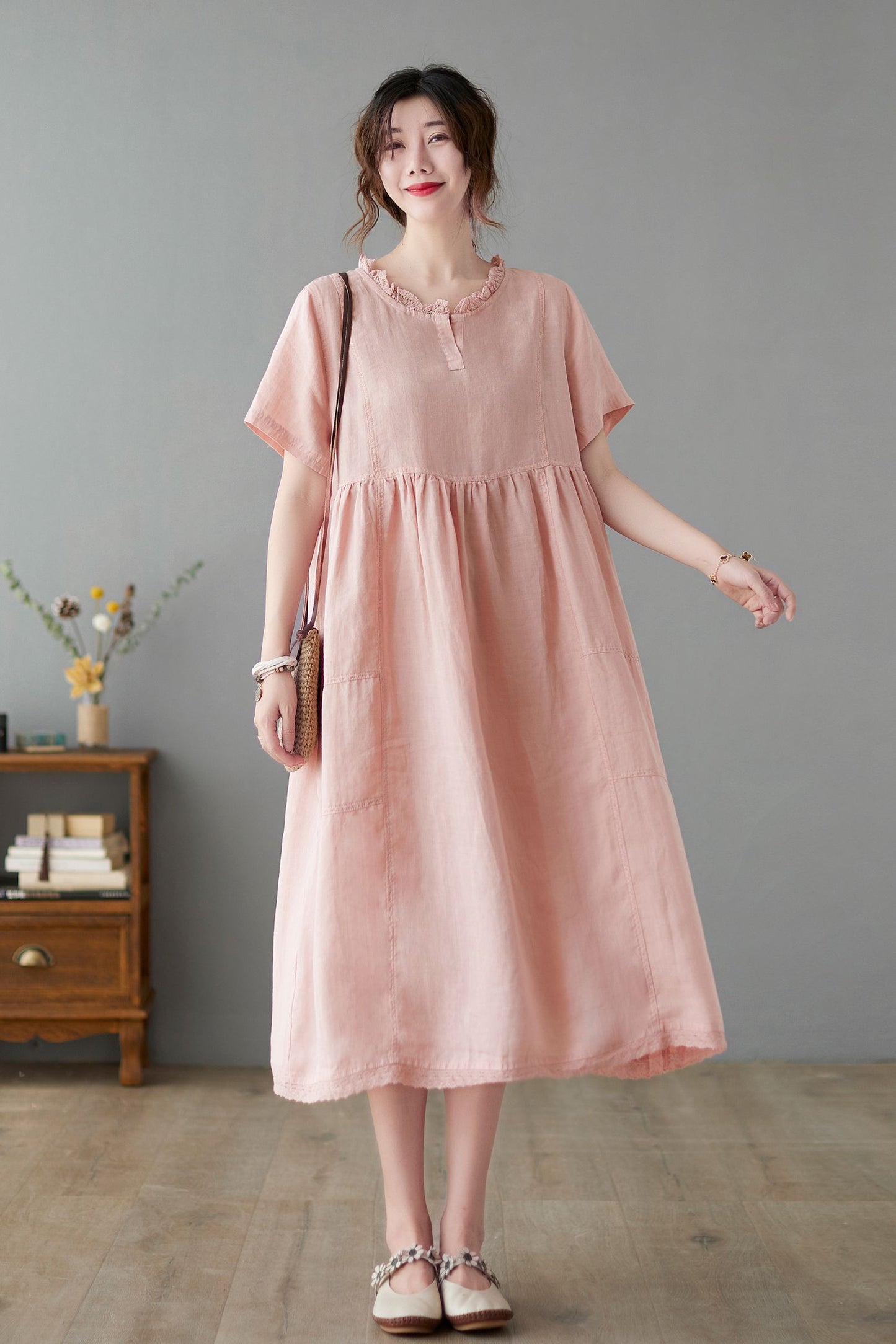 Midi Linen Casual Pink Swing Loose Fit Dress C2247