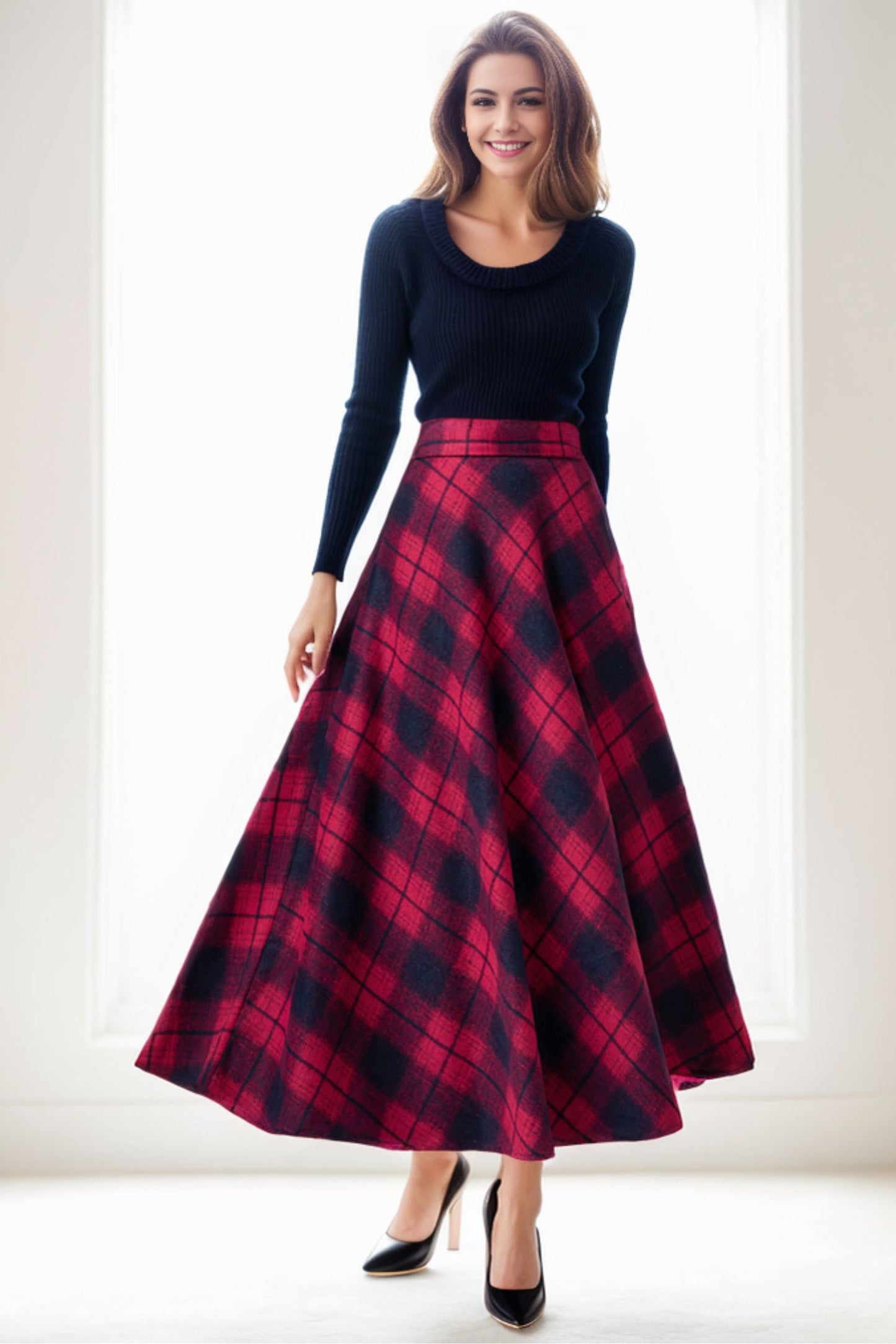 Plaid Wool Maxi High Waisted Skirt with Pockets C4267