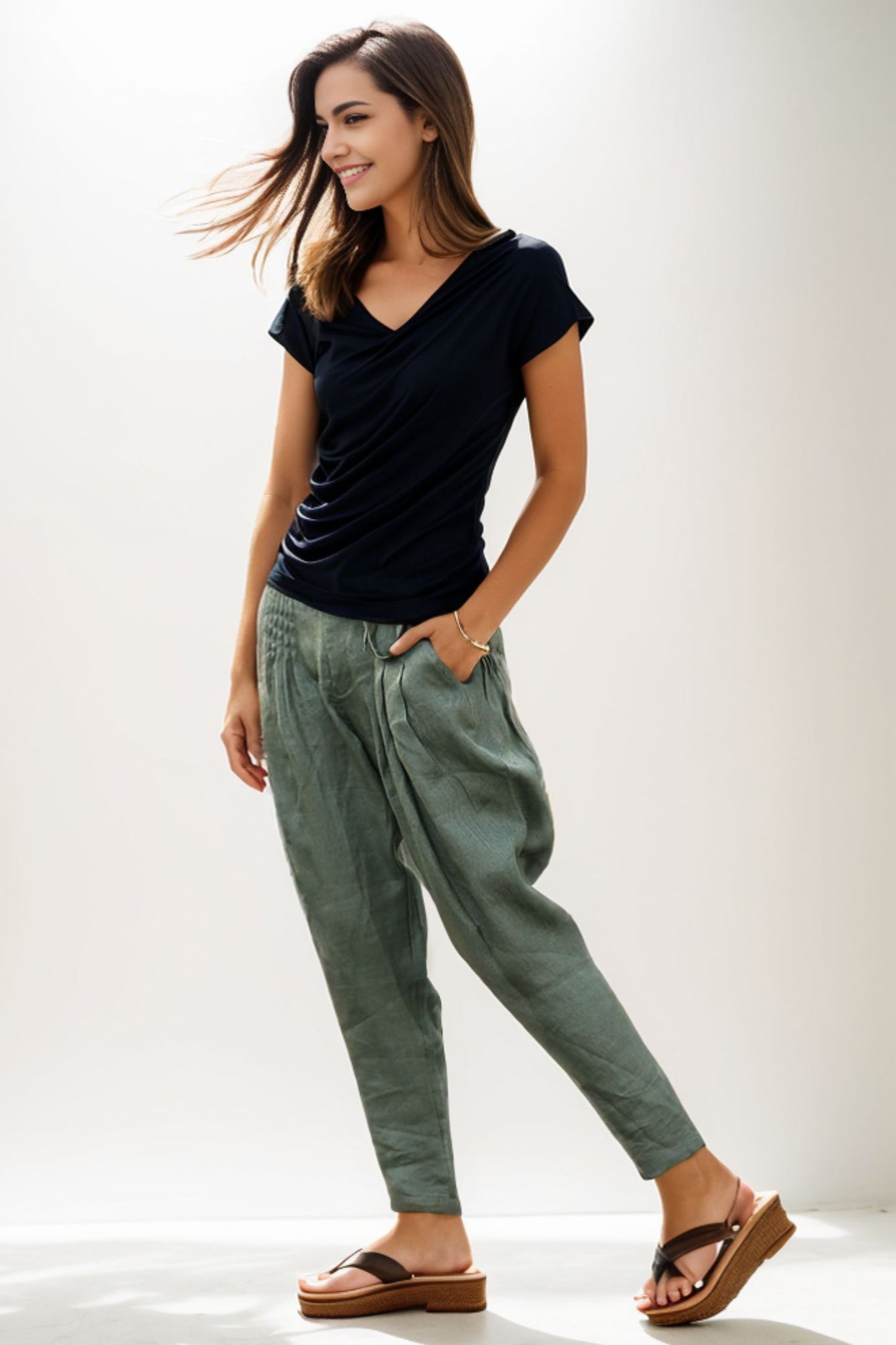 Top quality linen Harem green linen pant C272