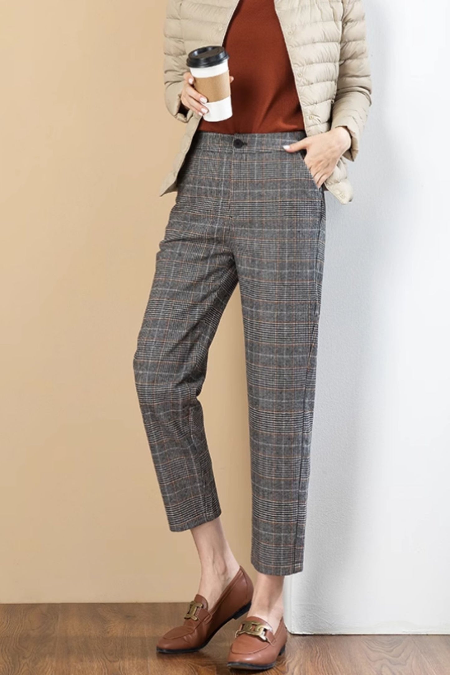 Plaid winter wool pants for women C4651