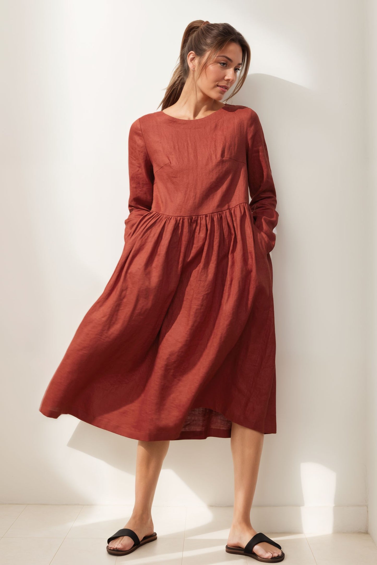 Orange loose linen midi dress C4006