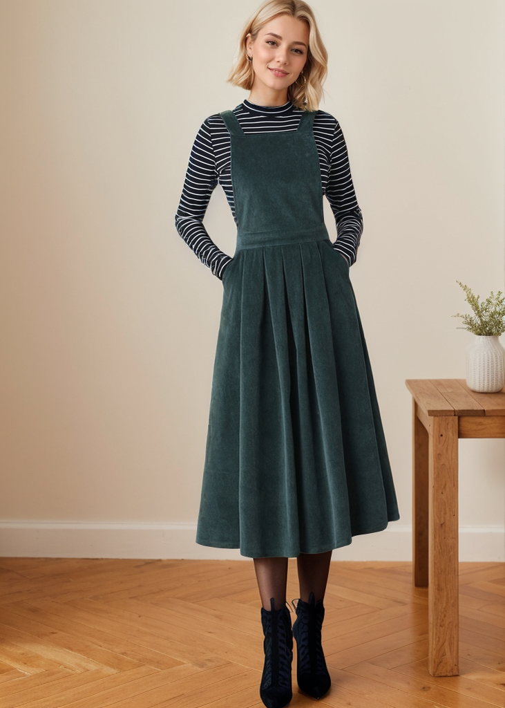 Corduroy Pinafore Midi Pleated Dress C4364