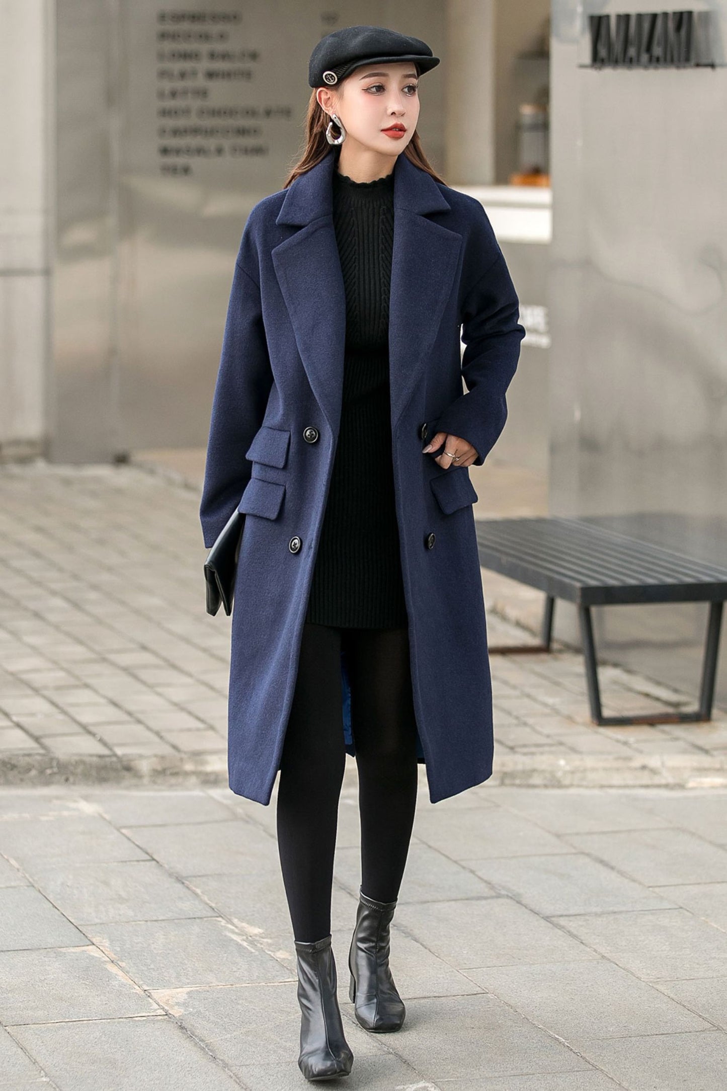 Navy Blue Long Winter Wool Coat C2544
