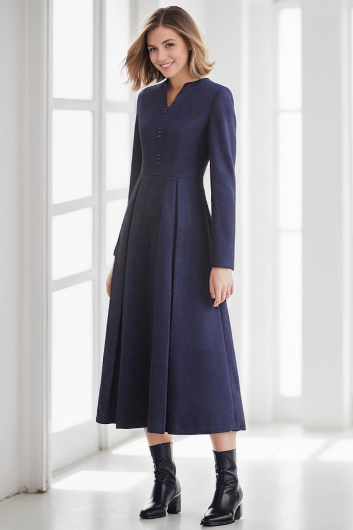 Autumn and winter women long sleeve wool dress C4300