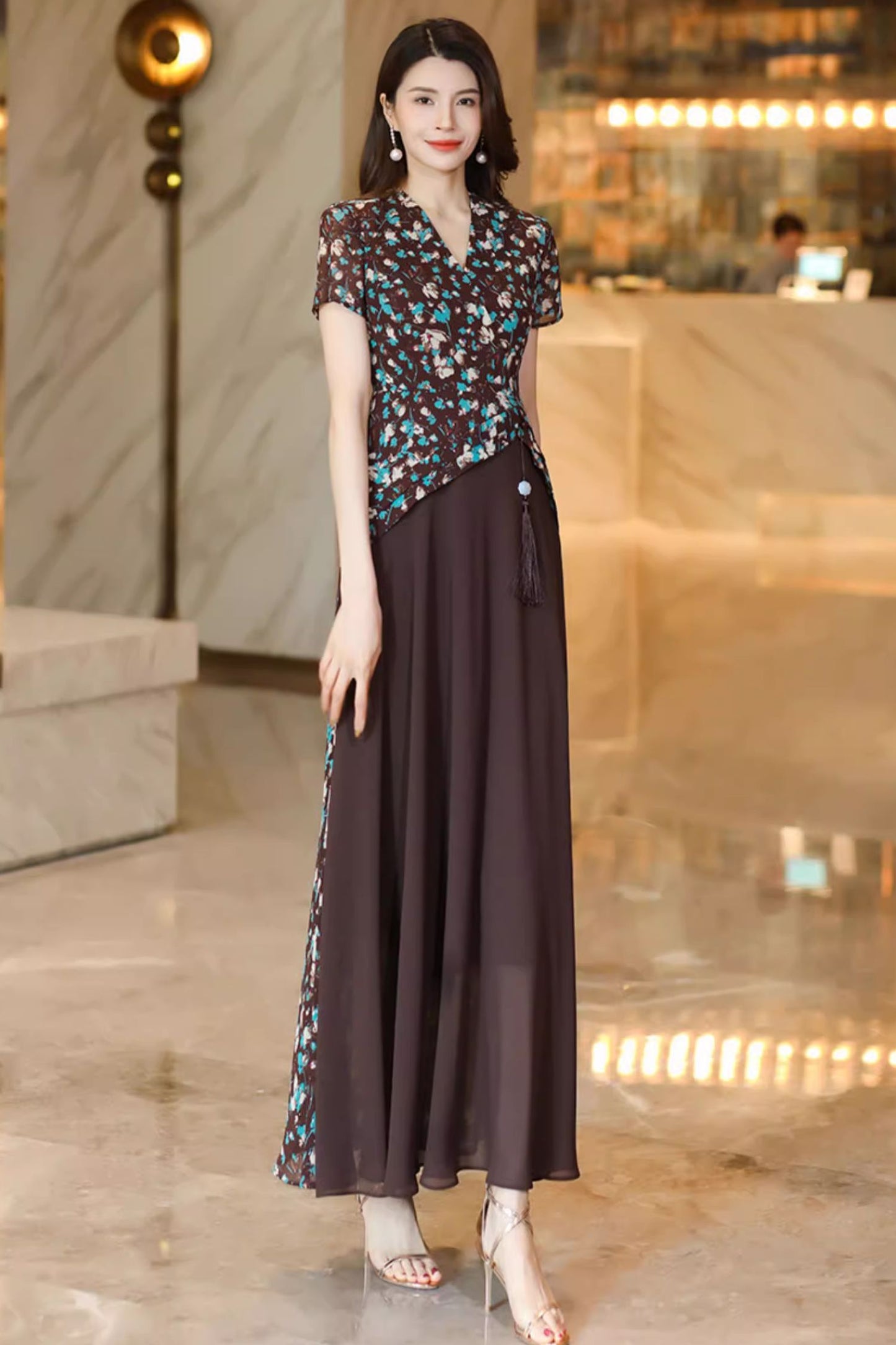 Prom block color party chiffon dress C4919