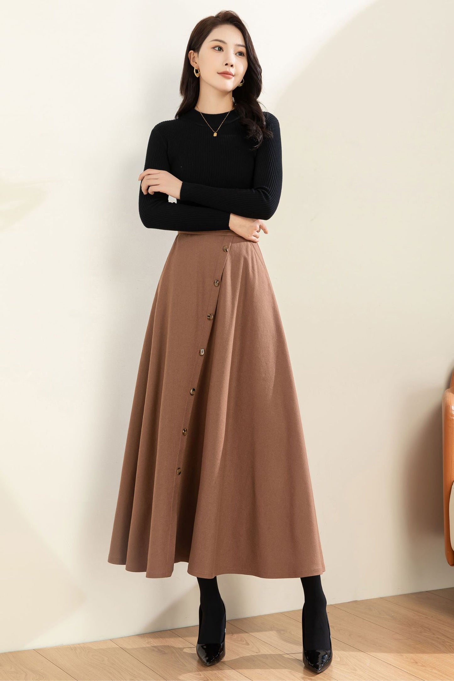 Midi Wool A Line Button Down Skirt C3602