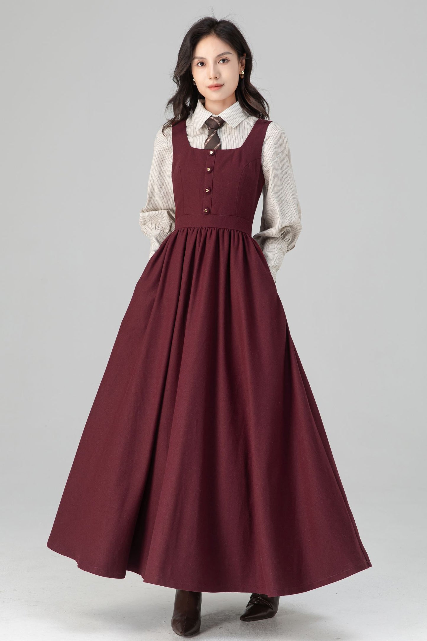 Dark Red Women's Pinafore Wool Dress C5205