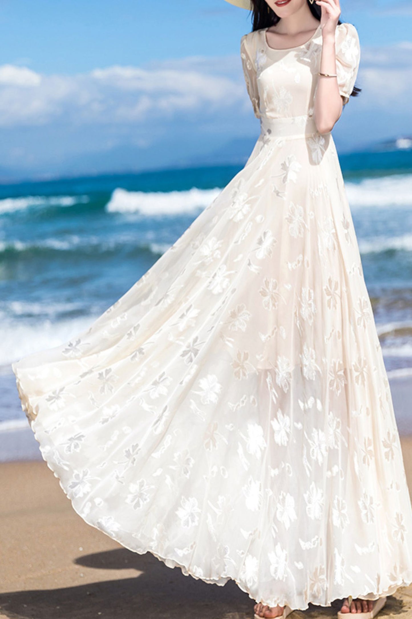 Beige chiffon women summer new long round neck dress C4092