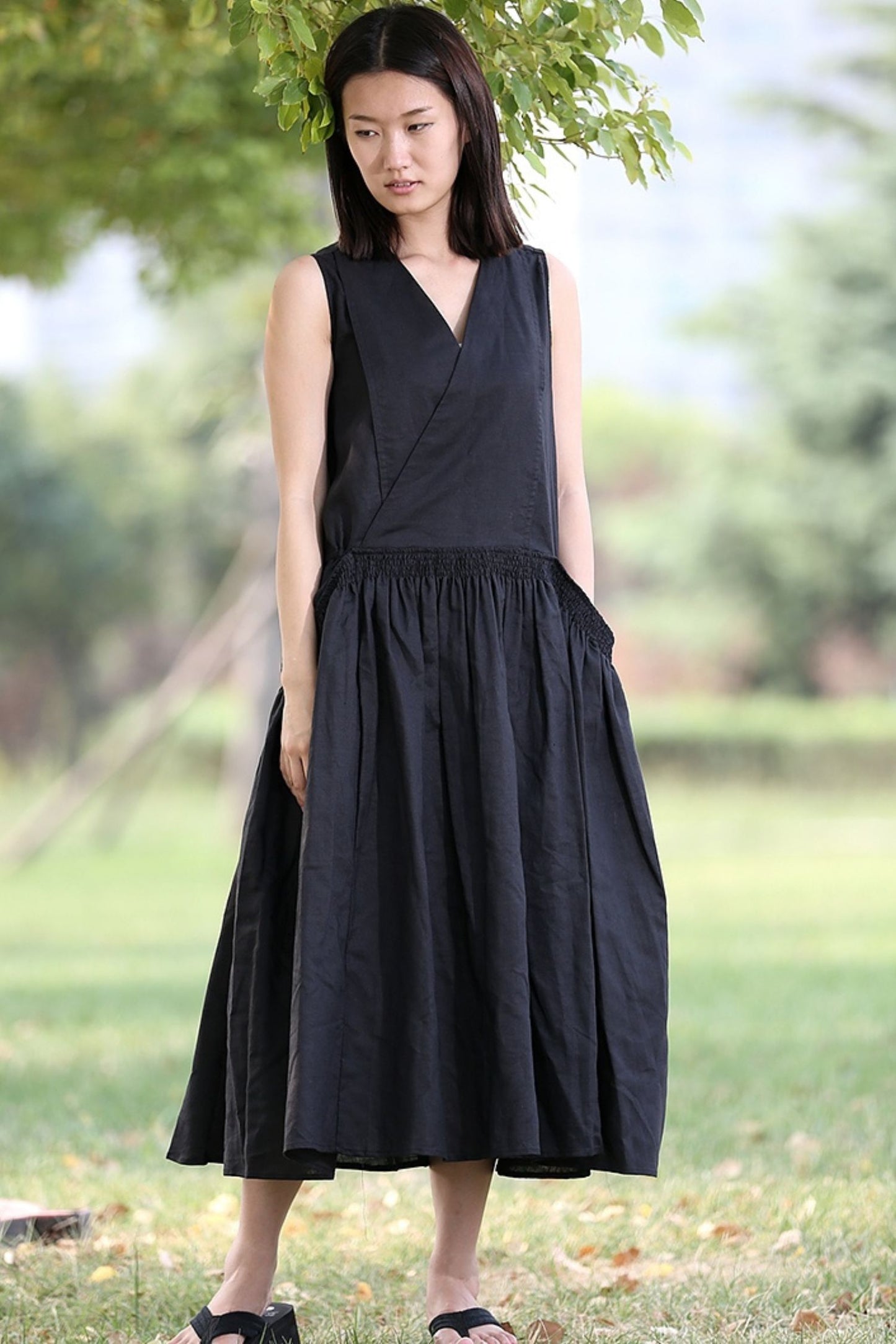Midi linen black womens summer dress C277