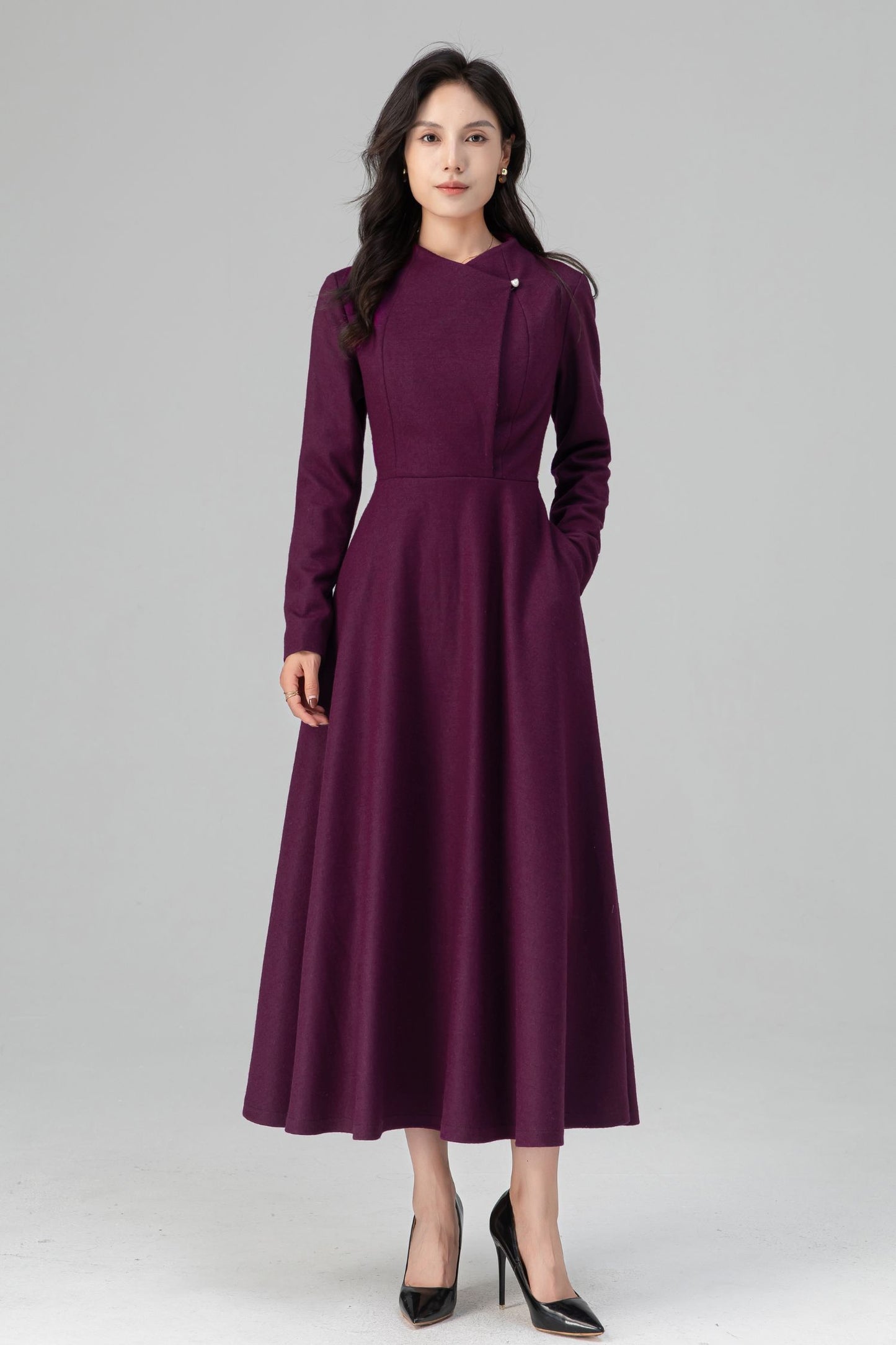 Winter Deep Purple Long Swing Wool Dress Women C5207