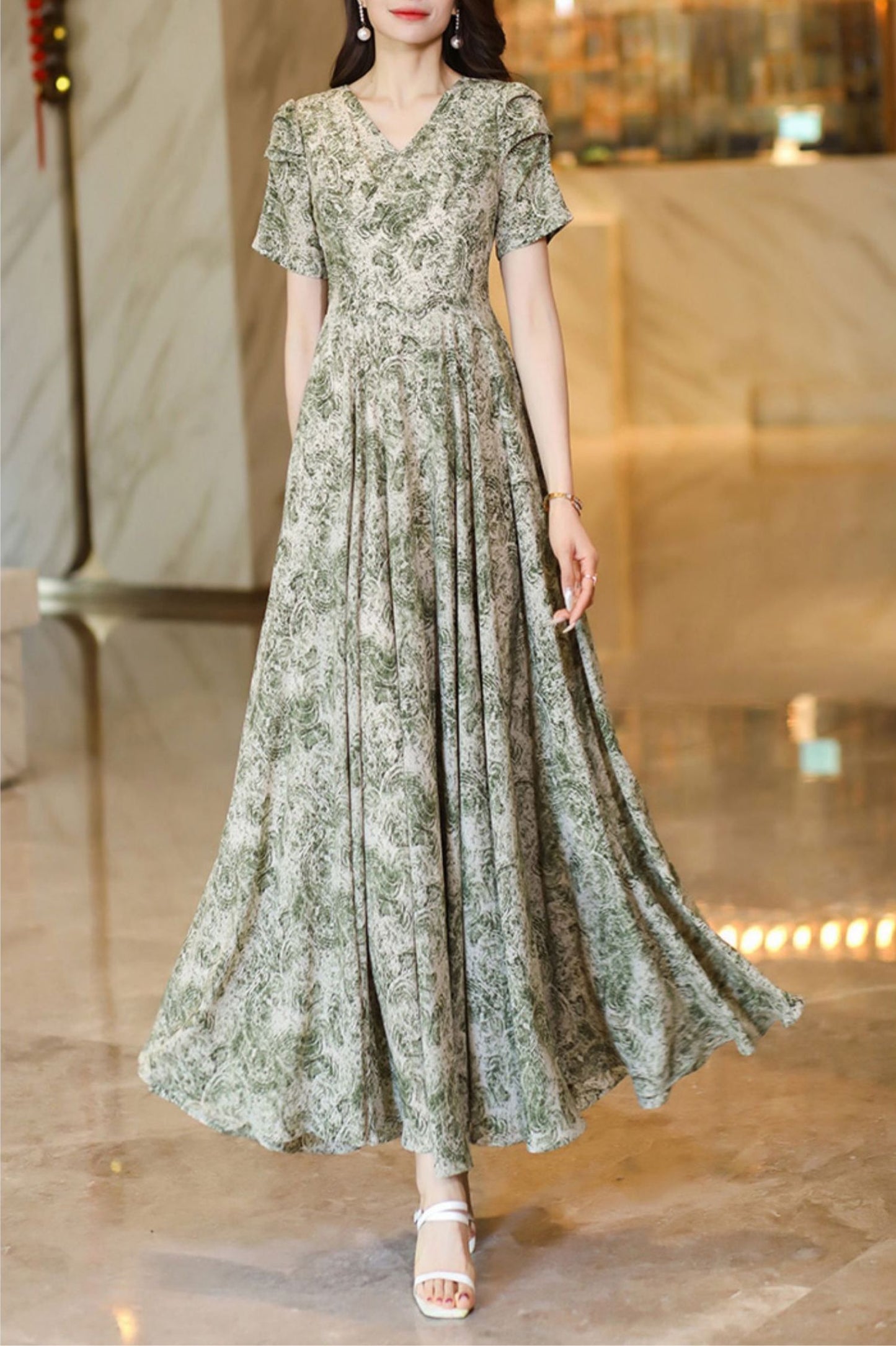 French summer white green dress C4117