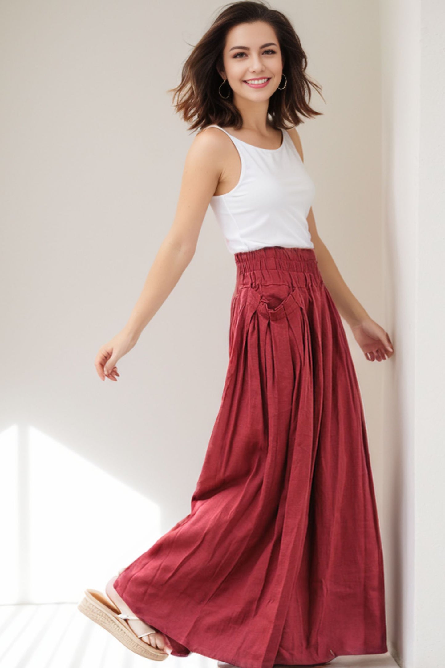 Red maxi linen womens skirt with elastic waist C286