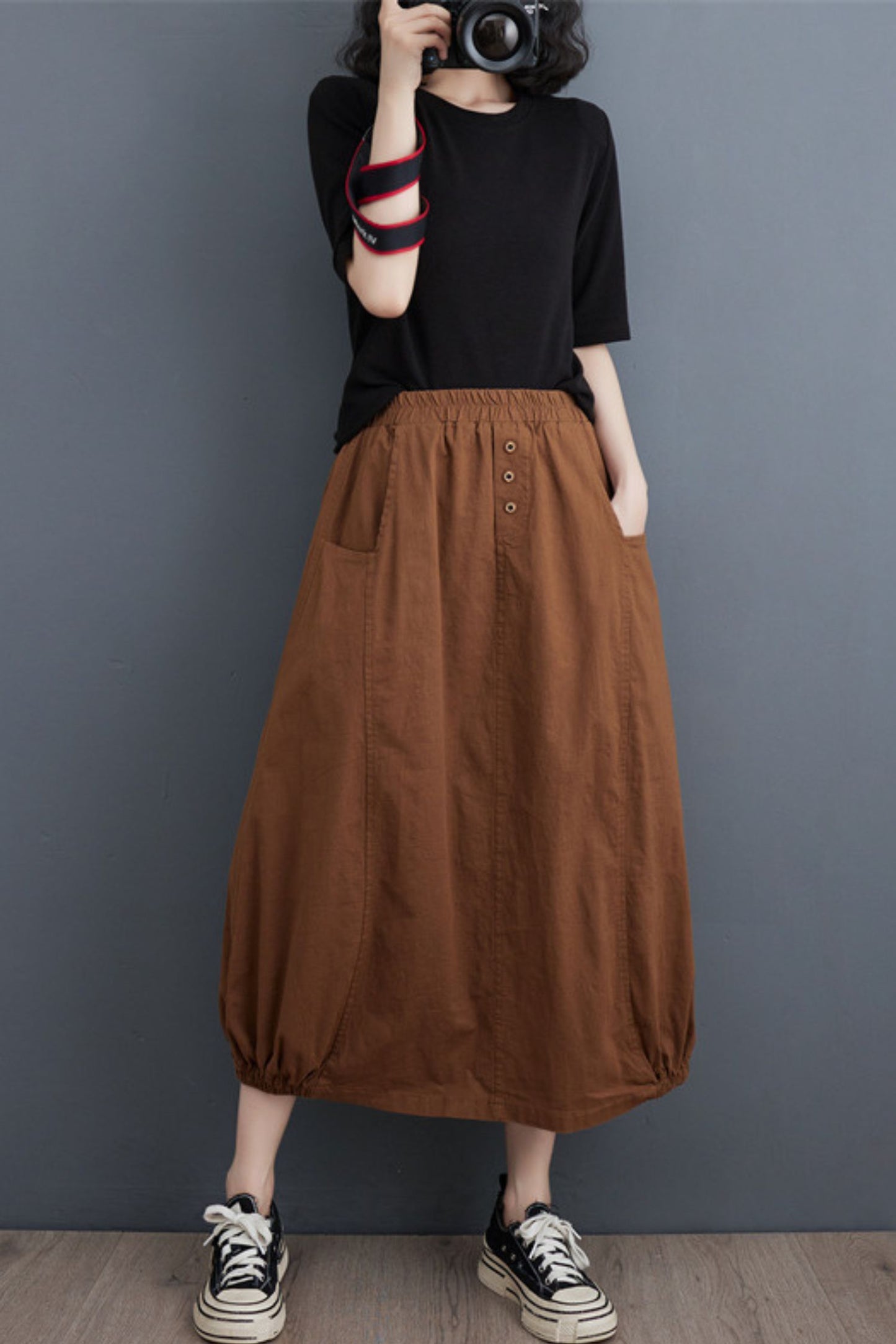 Cotton Linen Women Casual Elastic Waist A-line Skirt TT0020