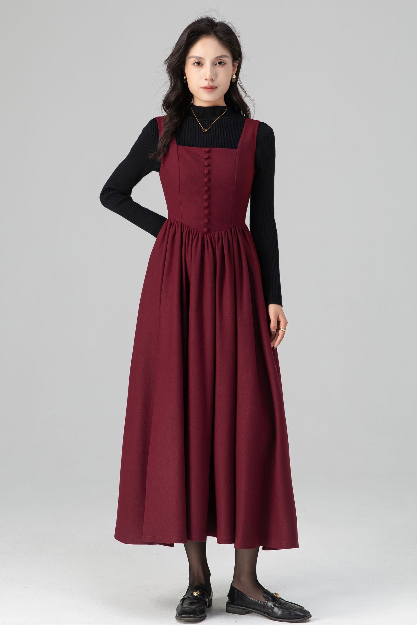Square Neck Maxi Pinafore Wool Dress for Women C5201