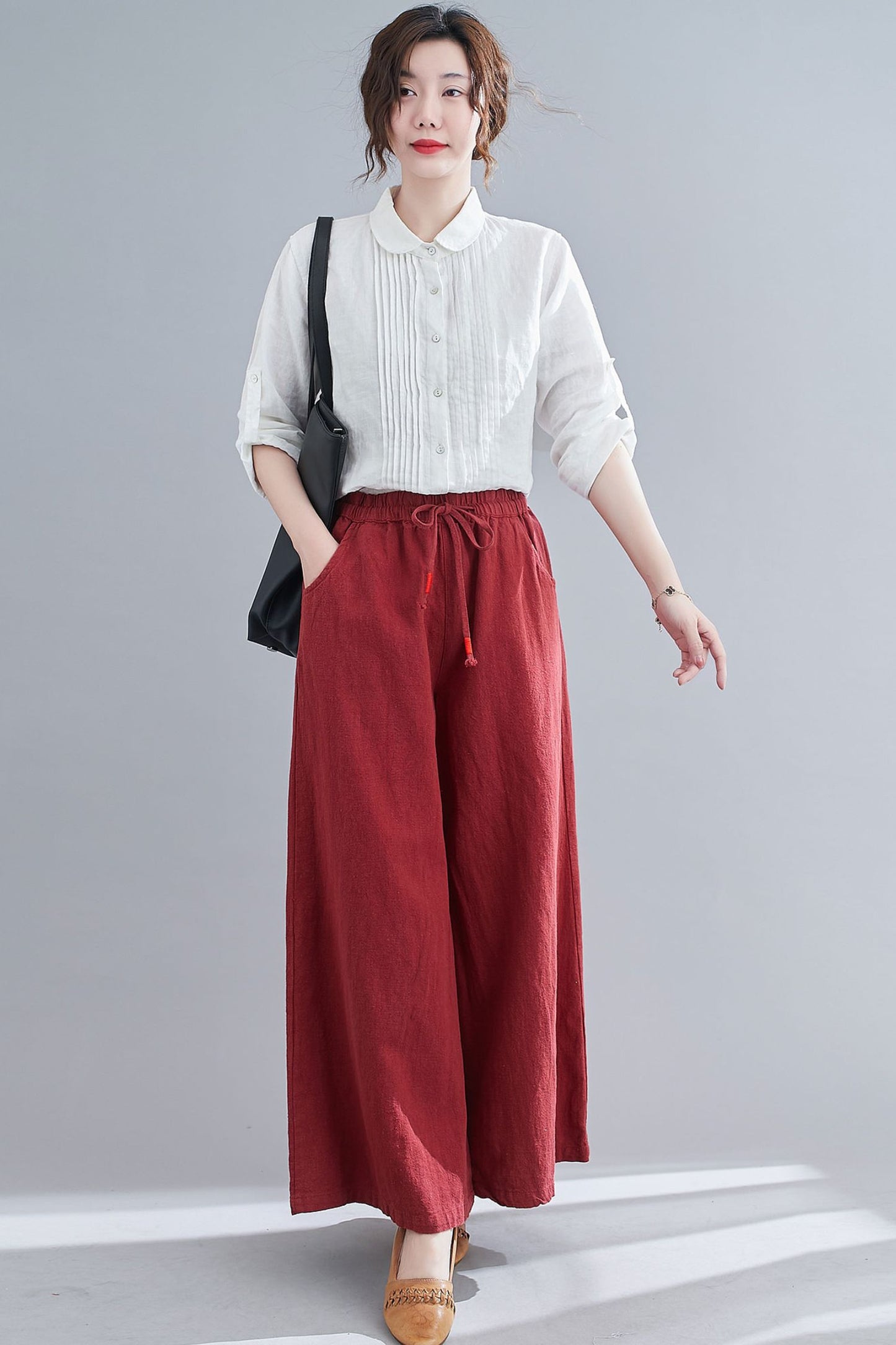 Red Elastic Waist High Waist Linen Pants C1865