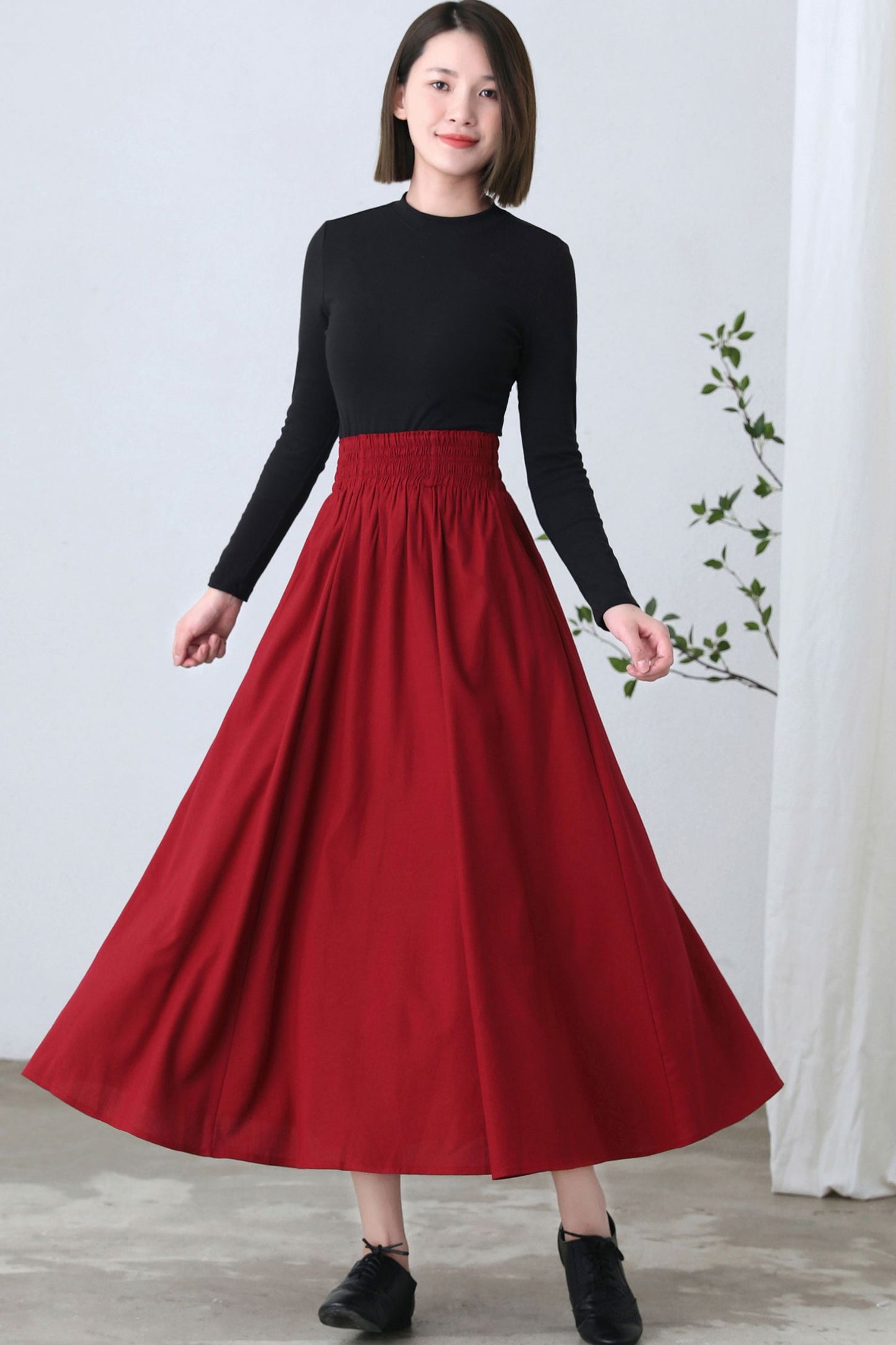 Red Maxi Linen Skirt, Full Swing Skirt C2610
