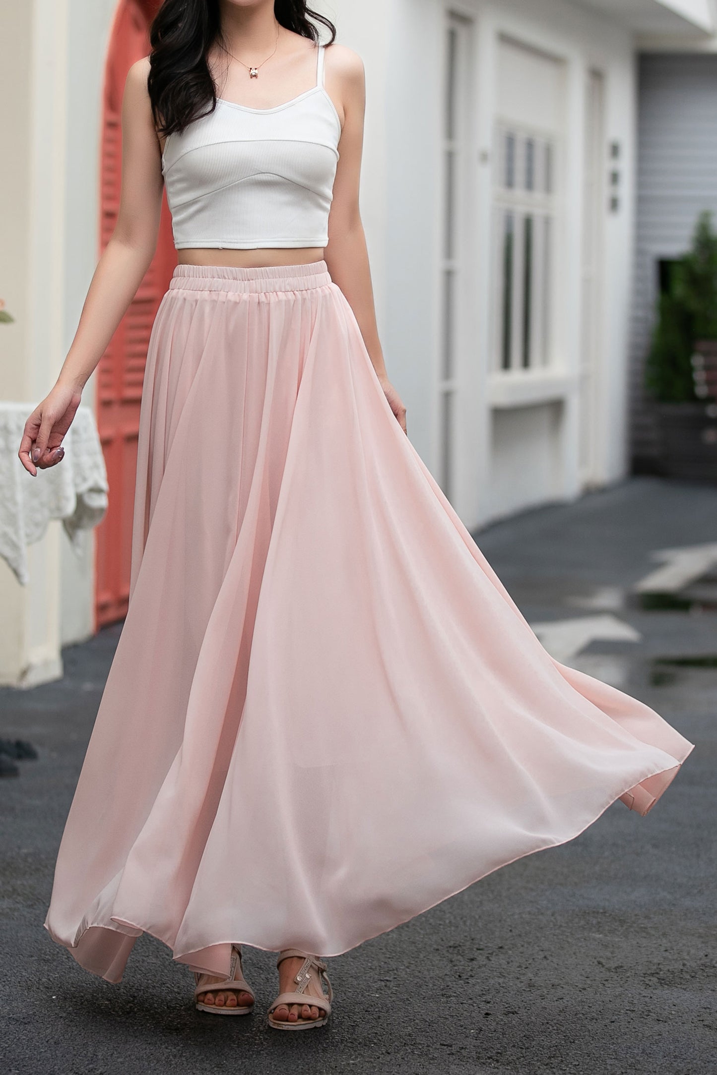 A line pink long chiffon skirt women C5034