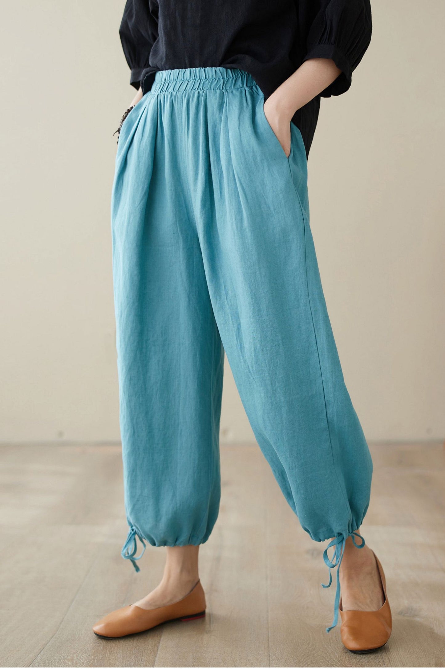 Blue elastic Waist casual linen pants C3965