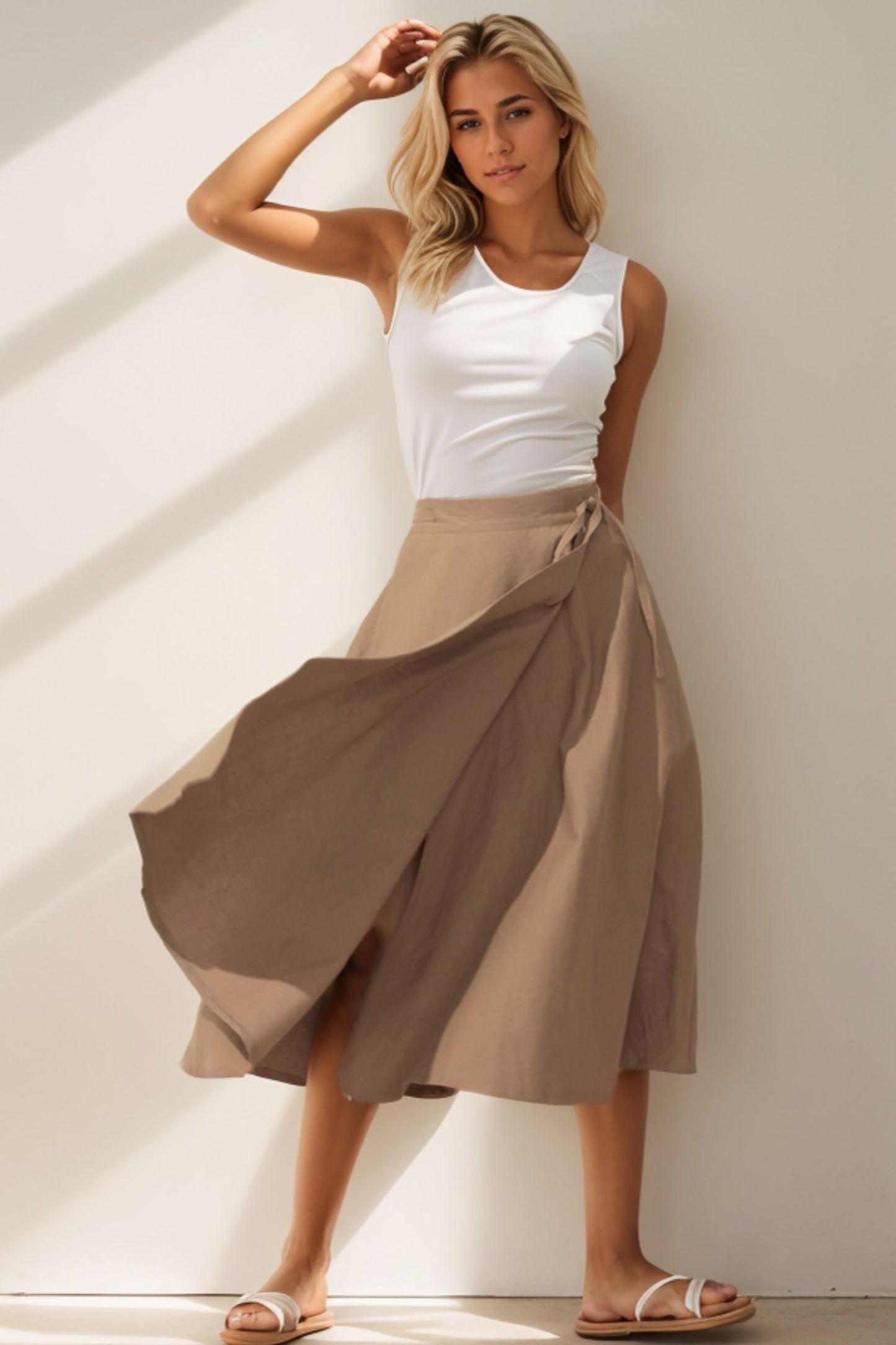 A-Line Light Brown Wrap Linen Skirt C4131