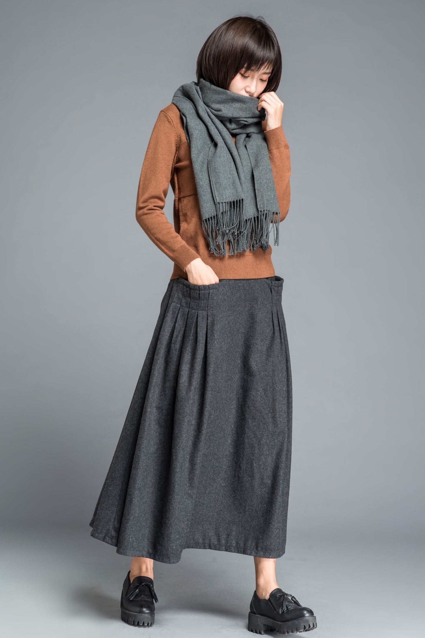 Winter gray wool maxi skirt C1204