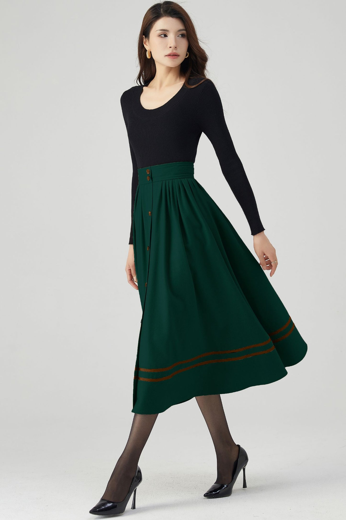 Button Front Swing Green Wool Skirt C4513
