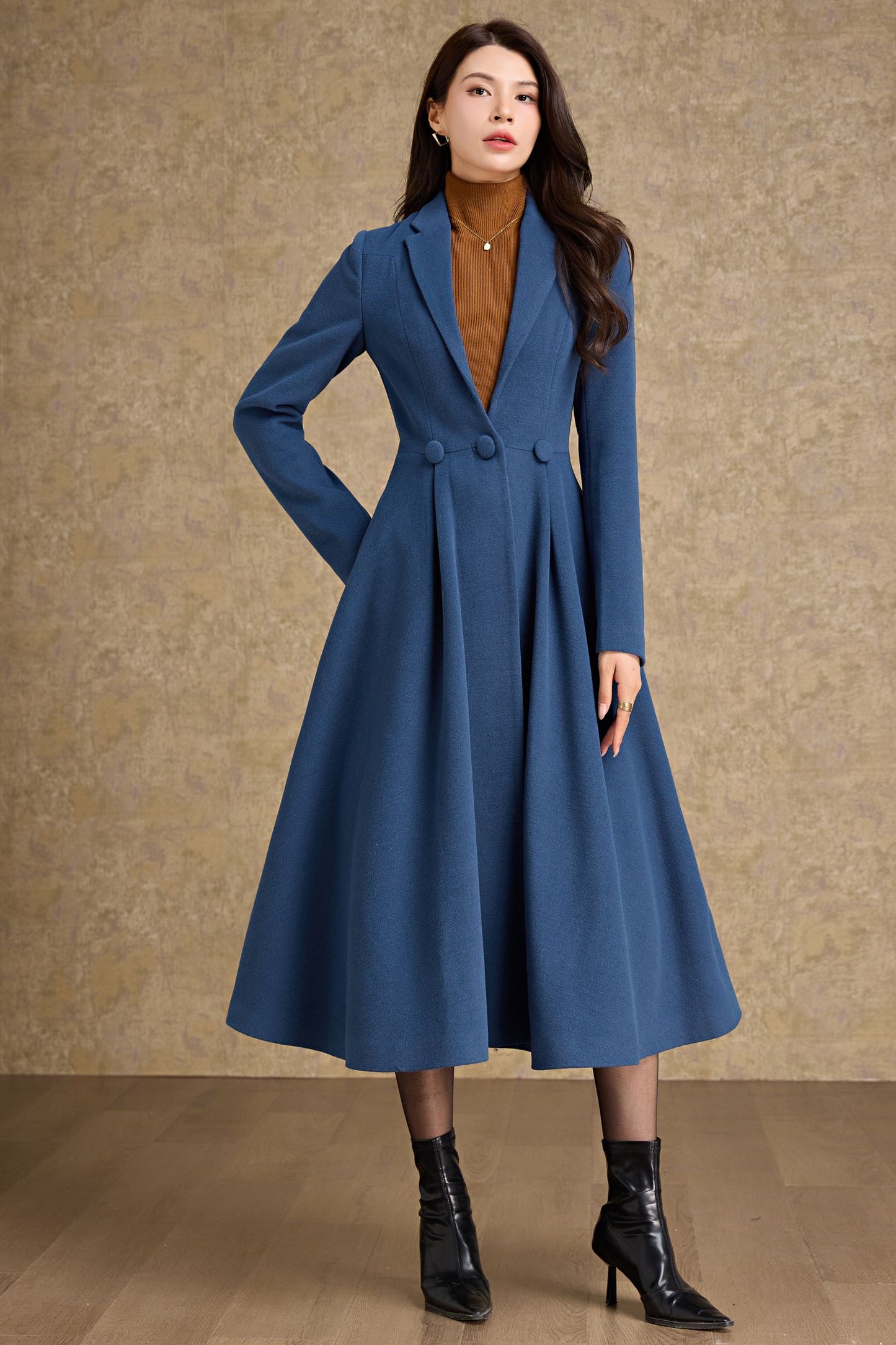 Long Blue Wool Princess Coat C4478