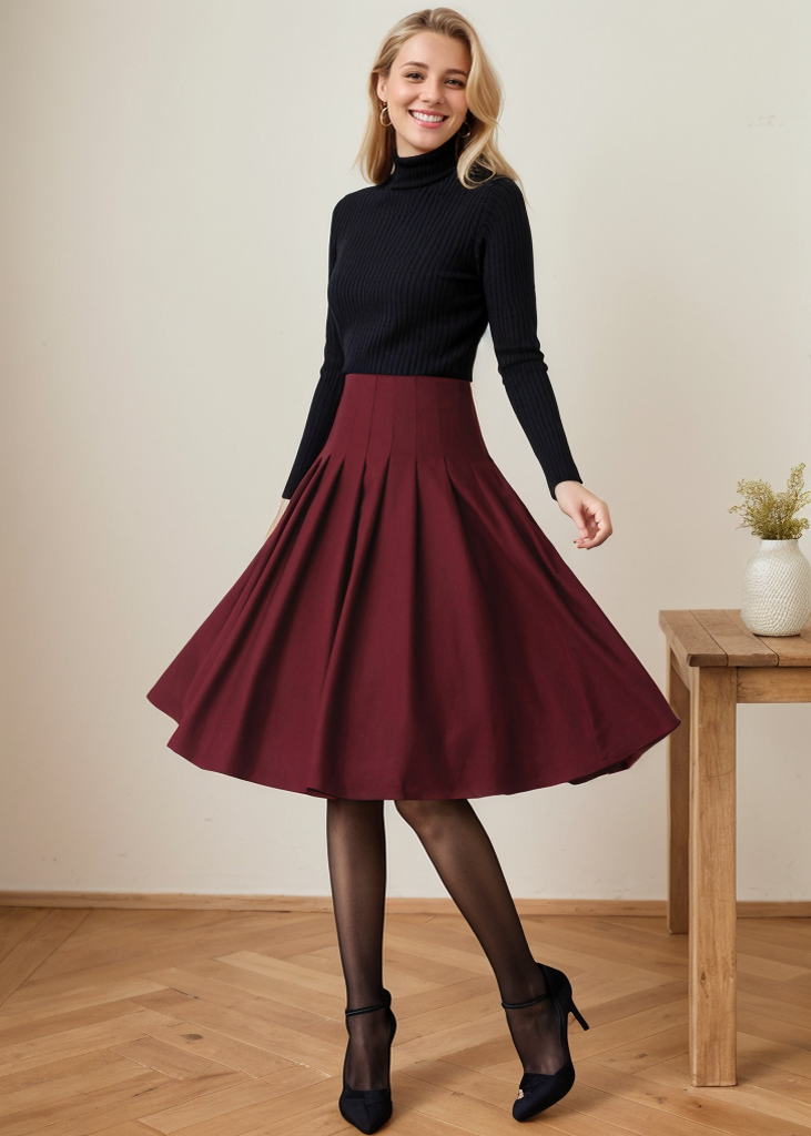 Pleated Red Midi Wool Custom Skirt C4363