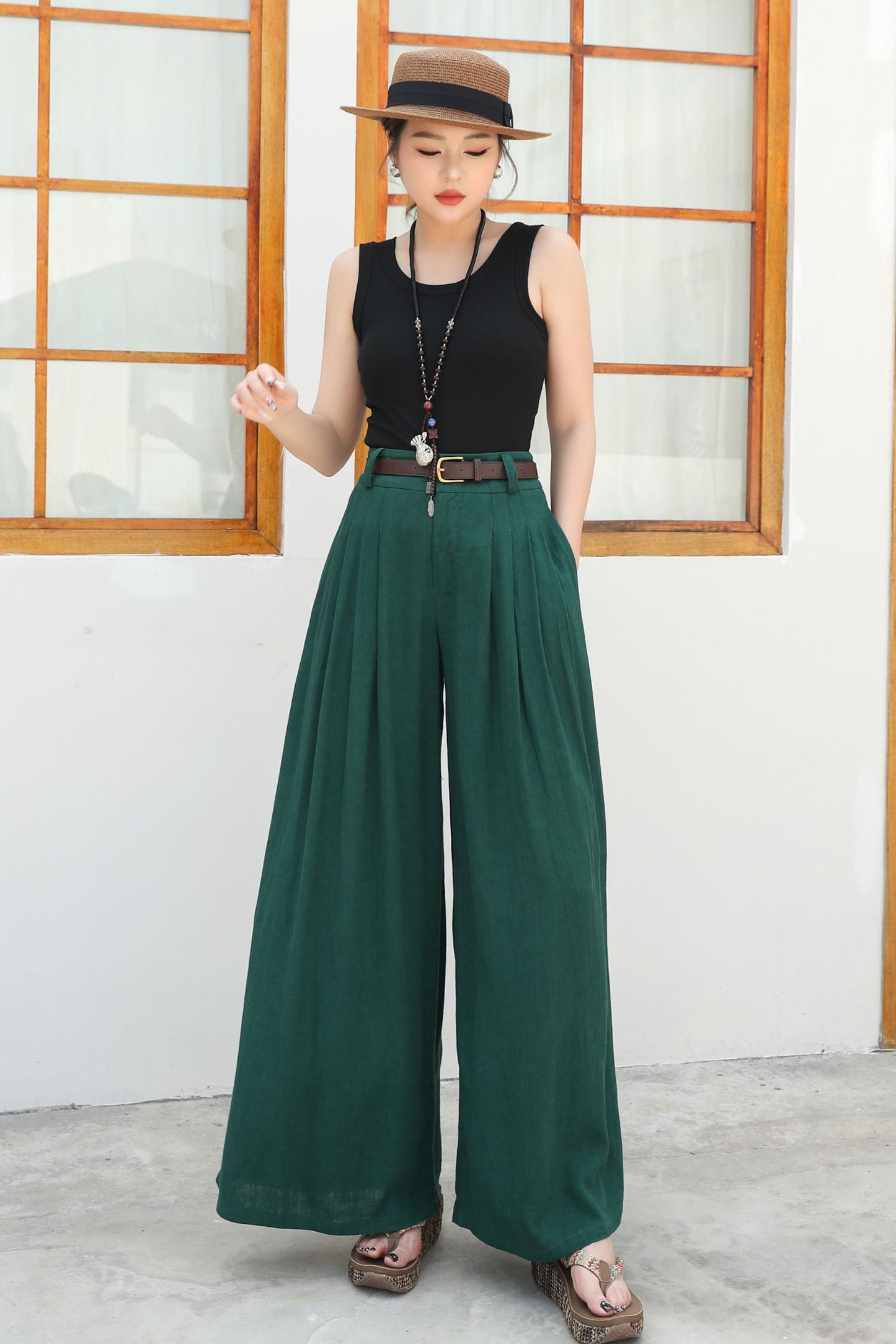 Wide leg green linen pants c4836