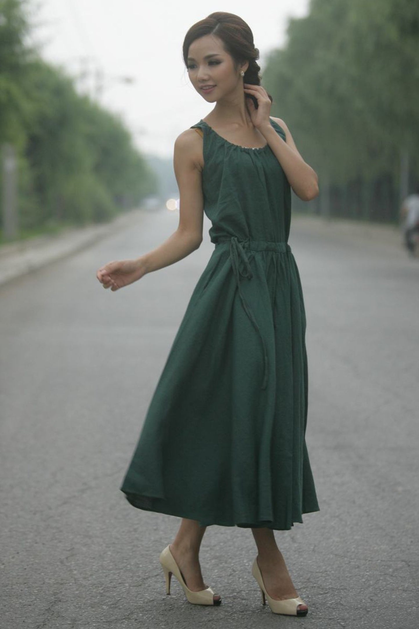 Green Sleeveless Linen Dress C152