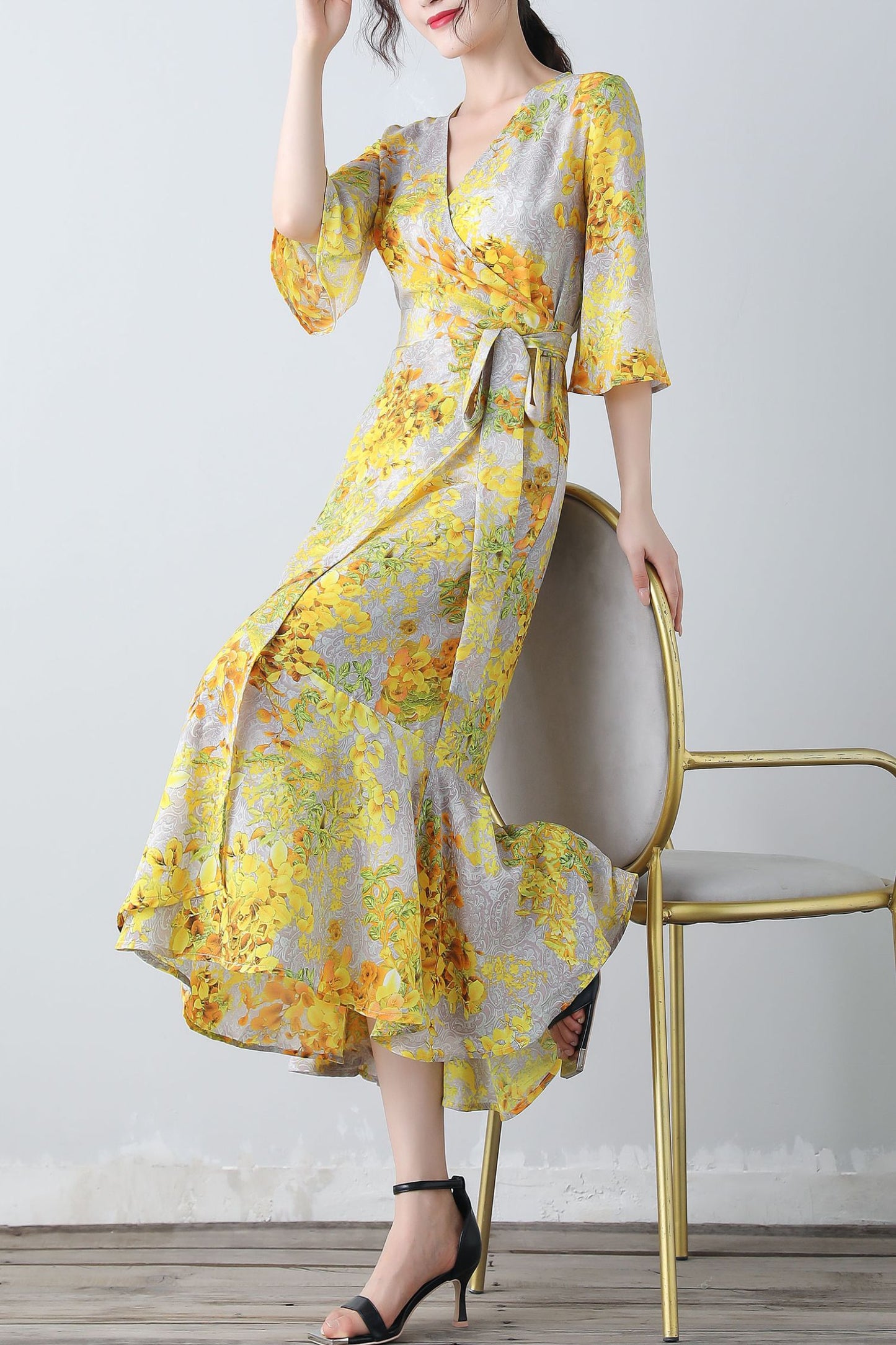 Yellow floral V-neck romantic dress C3453