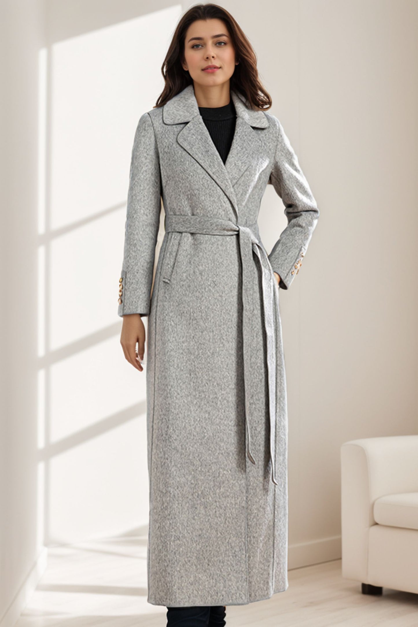 Grey A line long swing wool coat C4069