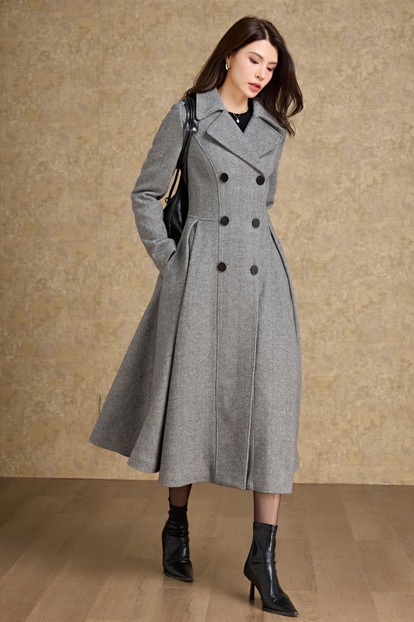 Fit and flare long wool coat women C4477