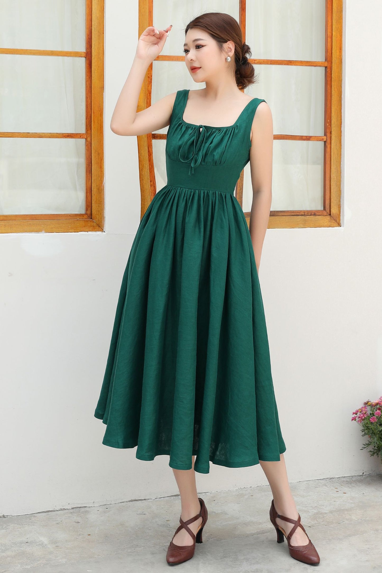 Flattering High-Waisted Green Linen Pinafore Dress c4838