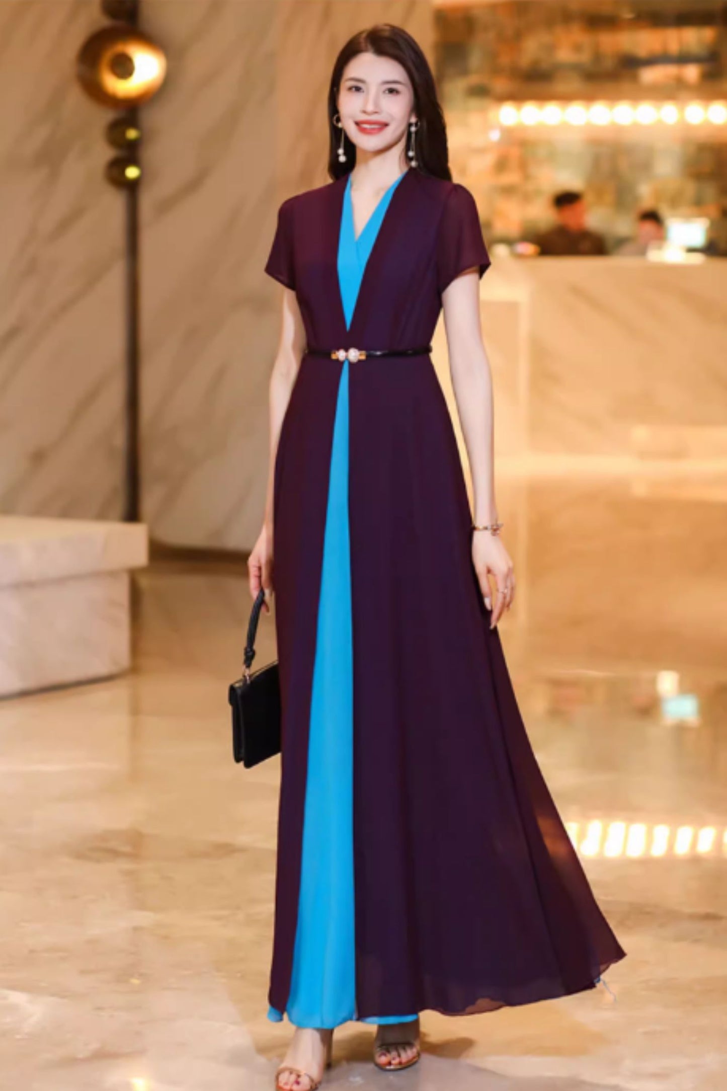 Maxi block color prom chiffon dresses C4932