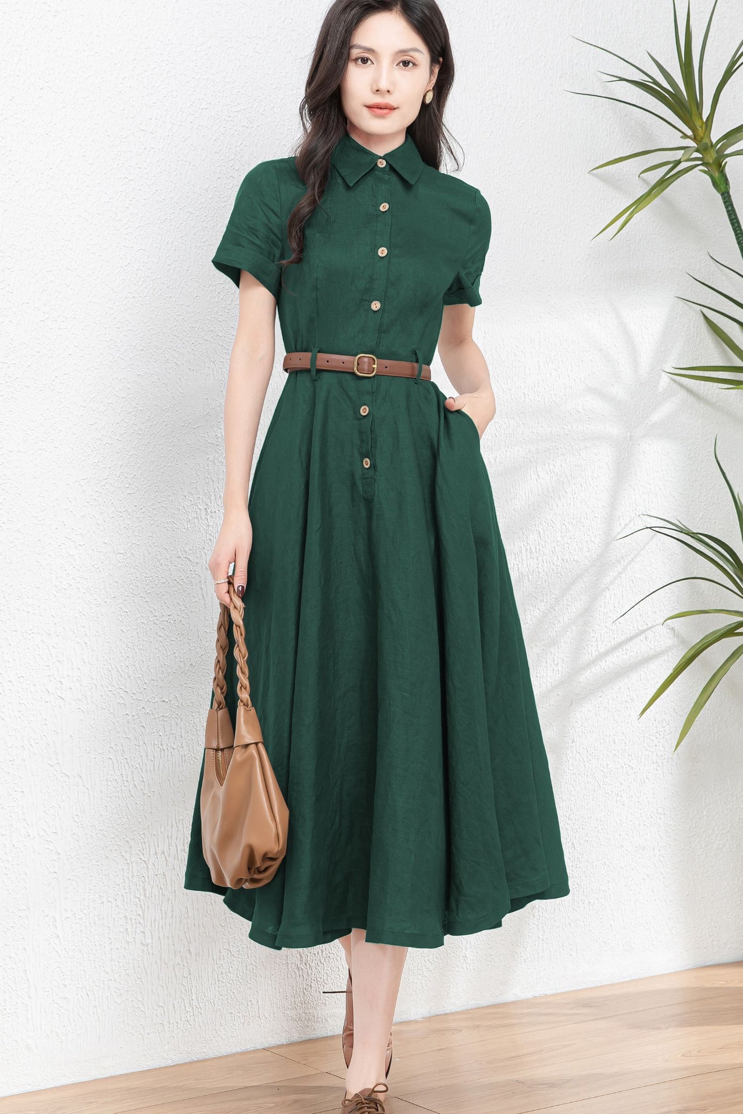 Dark Green Midi Linen Dress c4899
