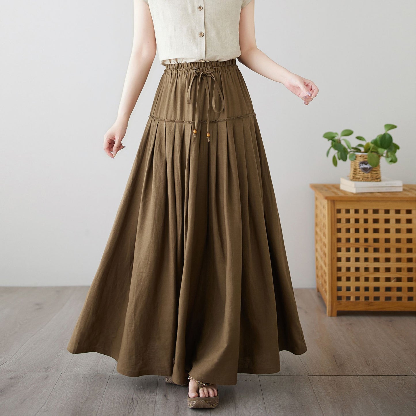 Brown Flowy Pleated A-line Skirt c4892