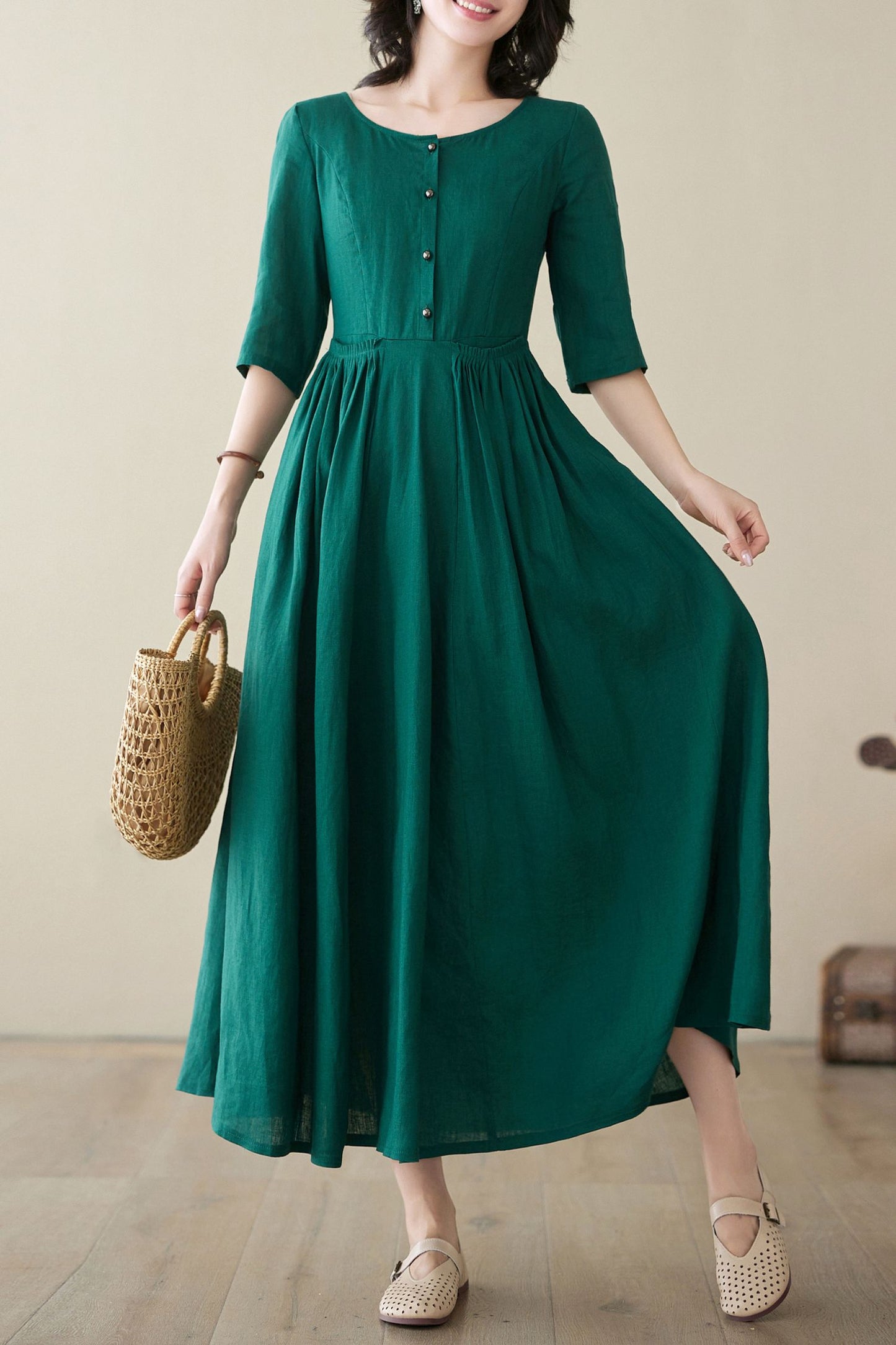 Summer Green Linen Dress C3947 -Size S #CK2400222