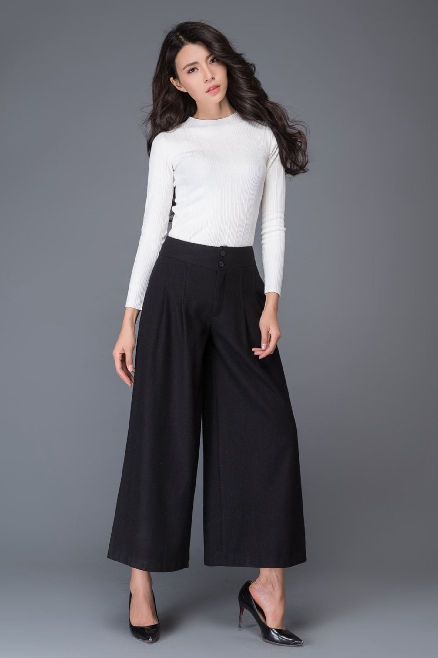 Black midi winter wool pants with pockets C1015