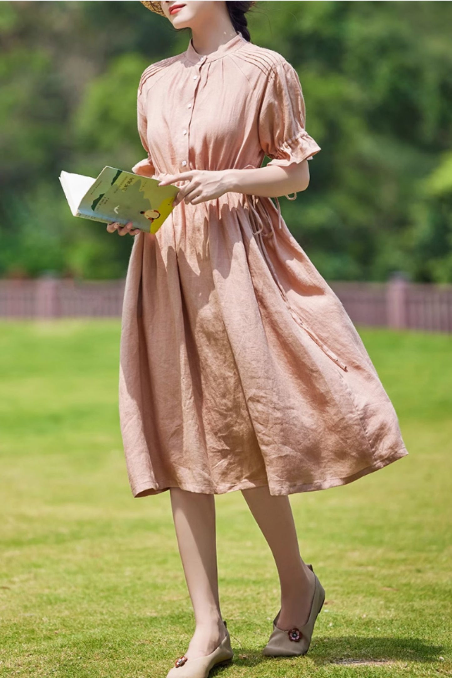 Pink drawstring waist summer linen dress C5059